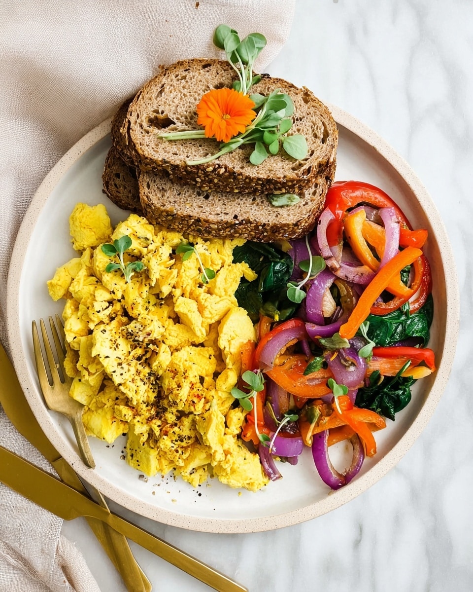 A white round plate on a white marbled surface holds a colorful meal arranged in three sections. On the top right, there is a fluffy pile of yellow scrambled tofu, lightly sprinkled with black pepper, and garnished with small green leaves and a few orange flower petals. On the bottom right, there is a mix of sautéed vegetables including bright red bell pepper slices, purple onion strips, and some dark green leafy spinach, slightly shiny from cooking. On the left side of the plate, two slices of seeded whole grain bread are stacked, topped with a small green garnish and an orange marigold flower at the top edge. To the left of the plate, there is a gold knife and fork set resting on a folded light beige cloth. Photo taken with an iphone --ar 4:5 --v 7