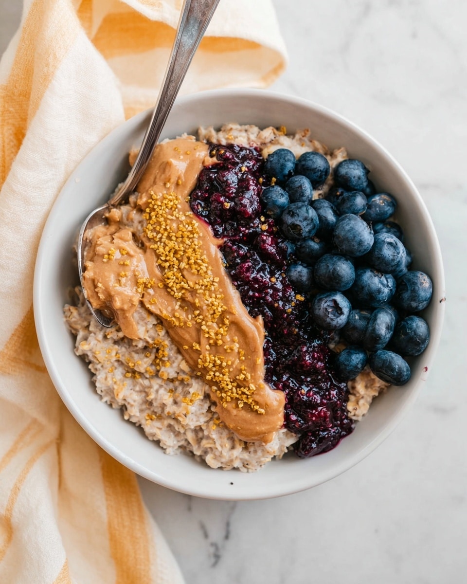 A white bowl filled with thick oatmeal forming the base layer, topped with three distinct toppings arranged in separate sections: a smooth, light brown peanut butter spread on the left side sprinkled with small golden bee pollen granules, a shiny dark purple blueberry jam in the center, and a cluster of fresh whole blueberries with a deep blue color on the right side. A silver spoon is placed inside the bowl on the left side, partially covered by the peanut butter. The bowl is set on a white marbled surface with a soft cream and yellow cloth nearby. Photo taken with an iphone --ar 4:5 --v 7