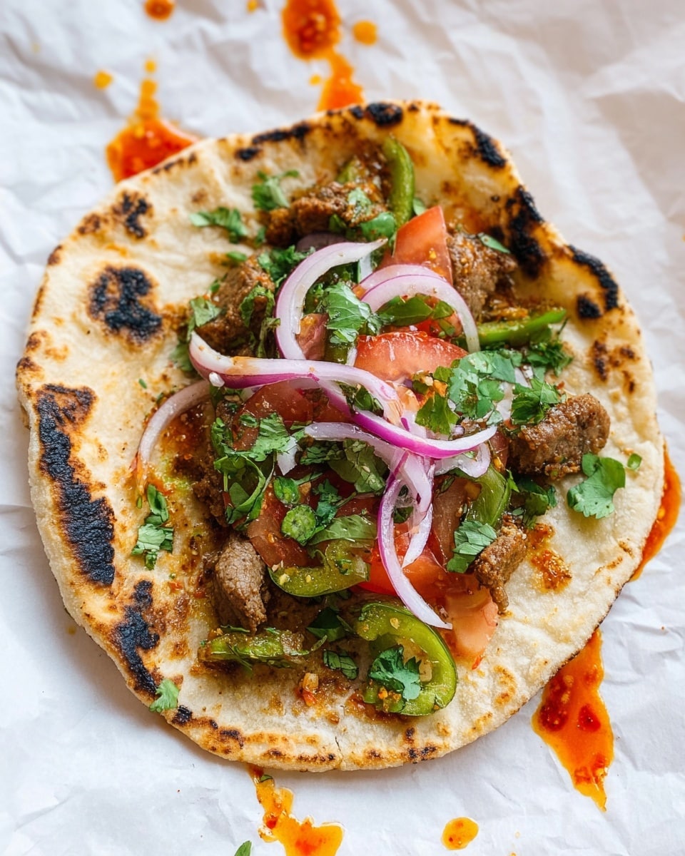 A single round, light golden flatbread with some dark charred spots is laid flat on slightly crumpled white paper. On top, there is a layer of scattered, small pieces of cooked spiced meat in brown color, mixed with fresh green cilantro leaves. Thin, curved slices of purple onion are spread over the meat. Small chunks of bright red tomato and green bell pepper are sprinkled throughout. There are some drops of reddish-orange sauce on the flatbread and paper around it. The photo taken with an iphone --ar 4:5 --v 7