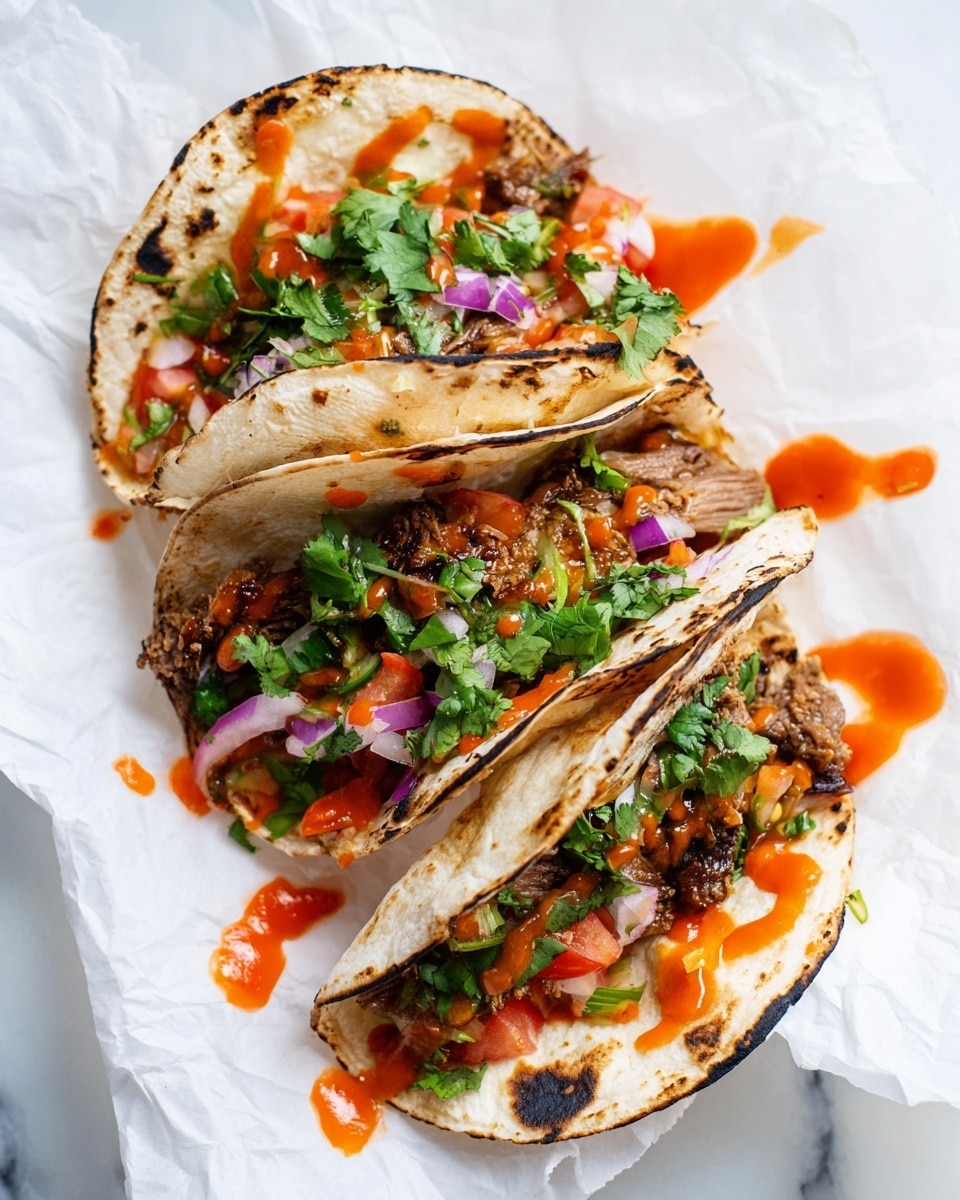The image shows three tacos layered with soft, lightly charred tortillas that have dark brown spots on the edges. Inside each taco, there are pieces of cooked meat with a slightly crispy texture, topped with fresh green cilantro leaves, thin slices of bright purple onion, and small chunks of red tomatoes. The tacos are drizzled with a bright orange-red sauce that also splashes over the white crumpled paper beneath. The background is a white marbled surface. photo taken with an iphone --ar 4:5 --v 7
