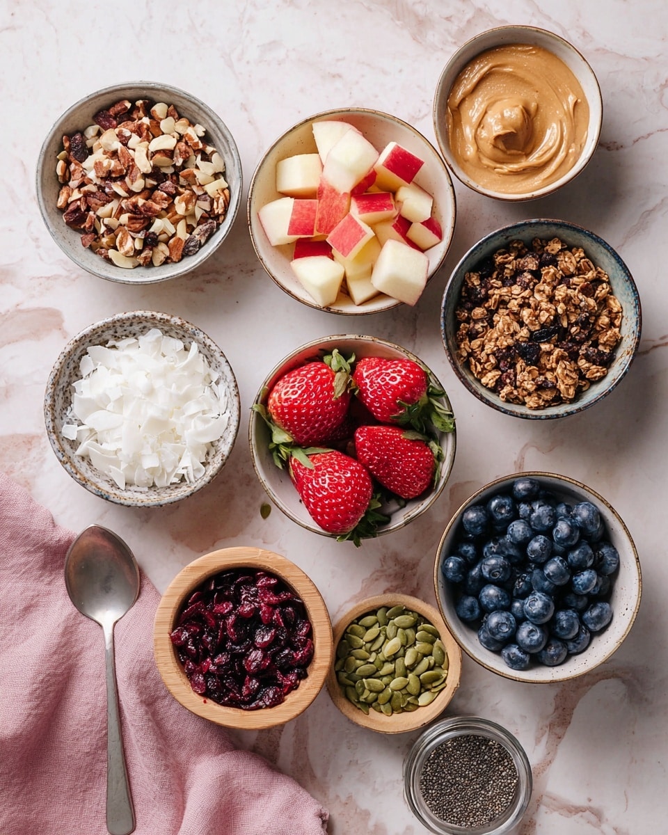 The image shows nine small bowls arranged on a white marbled surface. The bowls contain different ingredients: the top left has chopped nuts with a mix of light and dark brown pieces; next to it, the top center bowl holds small cubes of red and white apples; the top right bowl shows smooth, light brown nut butter; the upper right corner has dark brown granola clusters; the center bowl is filled with bright red strawberries with green leaves; next to it on the right is a small bowl with green pumpkin seeds; bottom left has deep red dried cranberries in a wooden bowl; the bottom center bowl contains pale white coconut flakes; the bottom right bowl holds deep blue blueberries; and a tiny bowl with small black chia seeds sits near the bottom right. A silver spoon sits on the surface at the lower left and a soft pink cloth is placed at the bottom right corner. photo taken with an iphone --ar 4:5 --v 7
