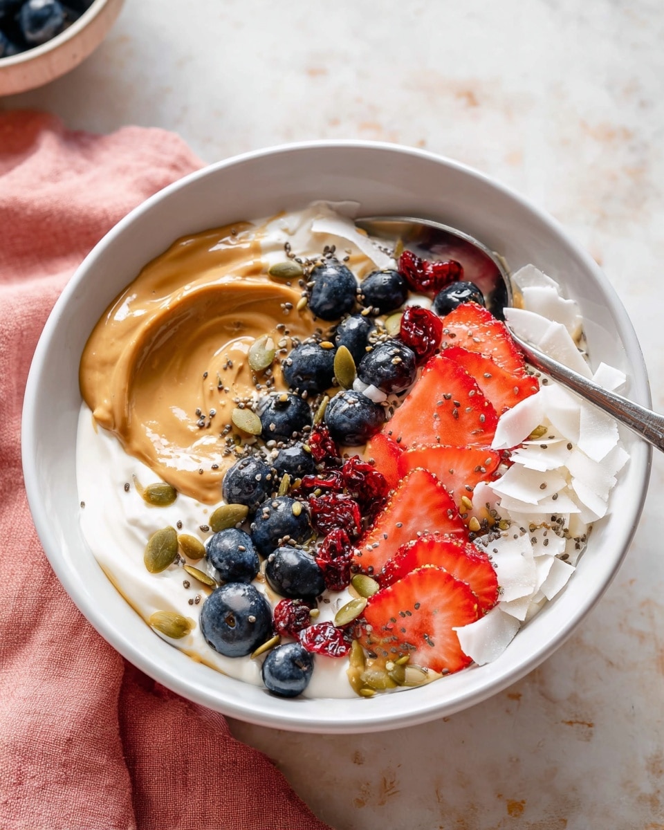 A white bowl filled with a base layer of creamy white yogurt. On top of the yogurt, there is a smooth dollop of light brown peanut butter on the left side. Near the peanut butter, there are fresh dark blue blueberries and small red dried cranberries clustered together. On the right side, there are bright red sliced strawberries scattered lightly. Around the edges, there are large thin white coconut flakes spread evenly. Near the strawberries and peanut butter, there are small green pumpkin seeds sprinkled along with tiny black chia seeds. A silver spoon rests inside the bowl on the right side, partially touching the strawberry slices. The bowl sits on a white marbled textured surface with a pink cloth napkin nearby. The lighting is soft and natural, showing the fresh textures and colors clearly photo taken with an iphone --ar 4:5 --v 7