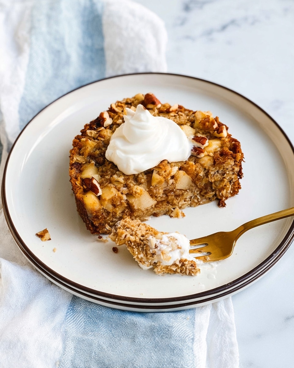 A round oatmeal cake sits on a white plate with a dark rim, with a scoop taken out to show its soft, moist inside full of oats and apple pieces. The top layer is golden brown with chunks of apples and nuts visible, giving a rough texture. On top of the cake piece is a dollop of white cream. A gold fork lies on the plate beside the cake with some cream on its tip. The plate rests on a white marbled surface with a soft blue and white striped cloth nearby. Photo taken with an iphone --ar 4:5 --v 7