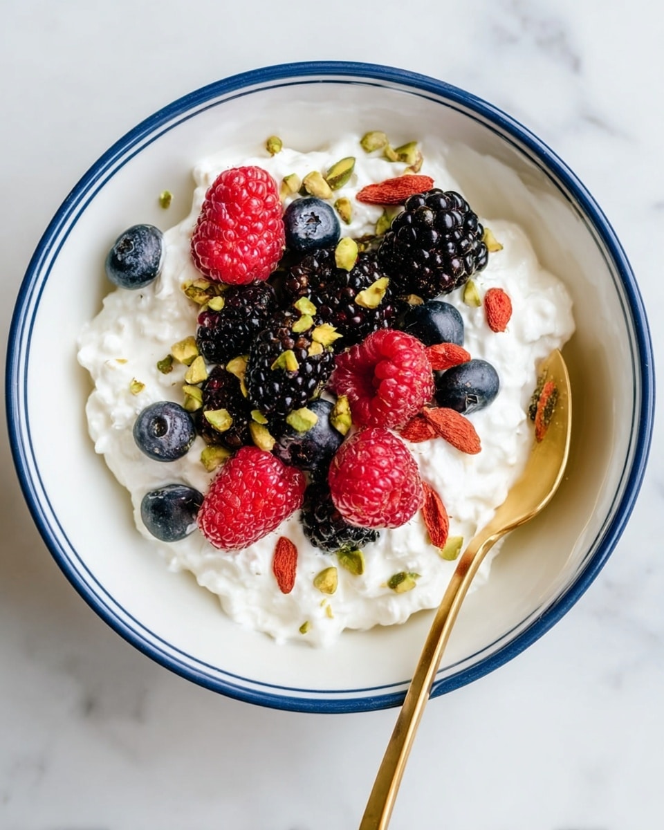The image shows two white bowls with a blue rim, each filled with creamy white cottage cheese at the base. On top of the cottage cheese in the closest bowl are fresh berries: bright red raspberries, deep black blackberries, and dark blue blueberries, scattered evenly. Small green pistachio pieces and tiny red goji berries are sprinkled over the fruit. The bowl is placed on a white marbled surface with a striped cloth napkin underneath, and a golden spoon rests inside the bowl. In the background, the second bowl has cottage cheese topped with light brown chopped nuts and small apple pieces. A wooden board with extra nuts and goji berries is partially visible. photo taken with an iphone --ar 4:5 --v 7