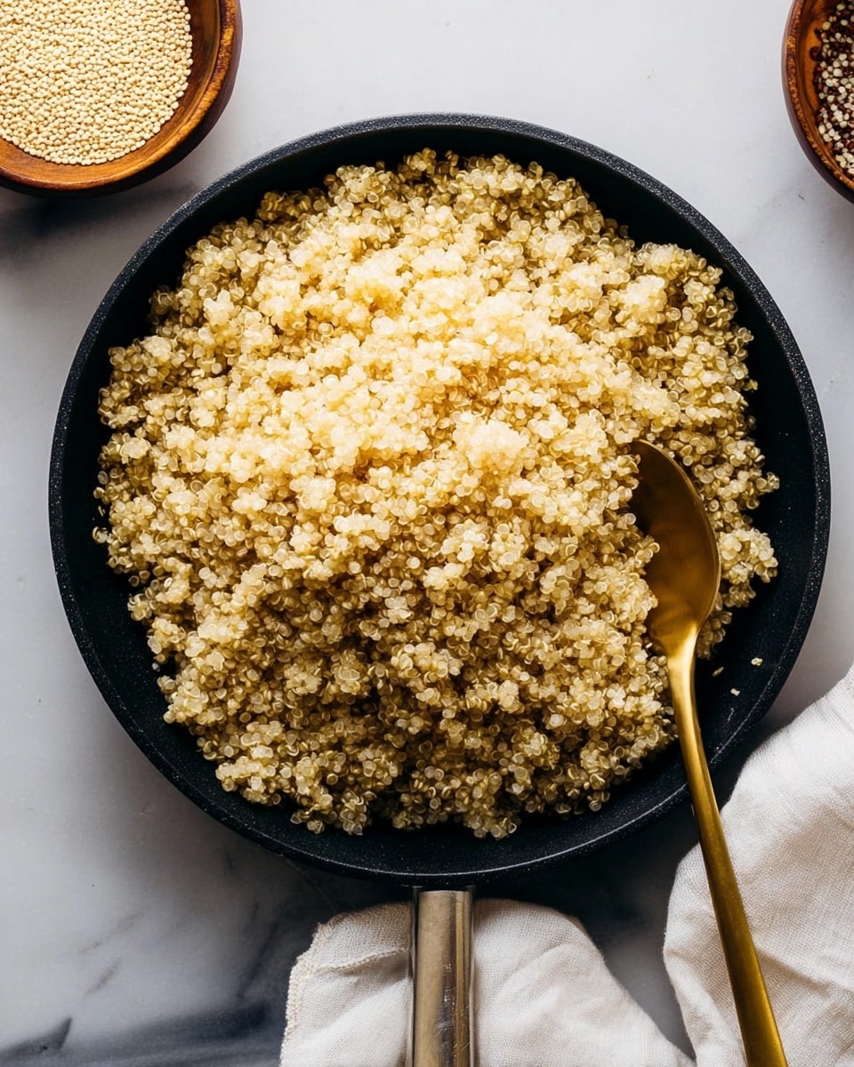 A black skillet filled with a large layer of cooked quinoa, showing individual small, round grains in light beige color with a slightly fluffy texture. A gold spoon rests inside the skillet on the right side, partially covered by the quinoa. To the top left, a small bowl holds dry quinoa grains, and on the right side, there is a white cloth visible. The whole scene is set on a white marbled surface photo taken with an iphone --ar 4:5 --v 7