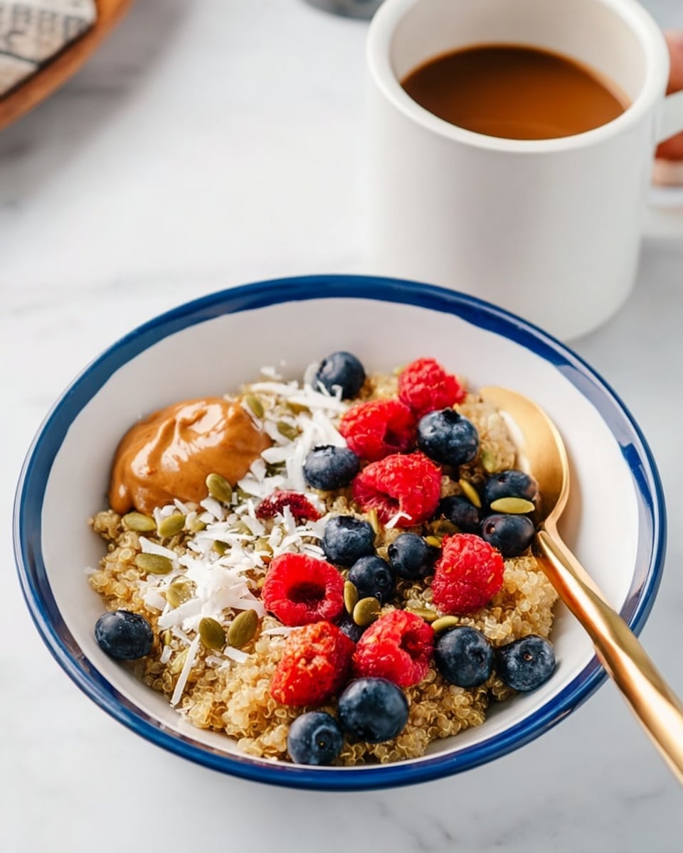 The image shows a white bowl with a blue rim filled with a layered dish. The bottom layer is light brown quinoa with a fluffy texture. On top, there are scattered fresh blueberries and bright red raspberries along with white shaved coconut flakes and light green pumpkin seeds sprinkled evenly. A dollop of smooth, light brown nut butter sits on one side of the quinoa. A shiny gold spoon is resting inside the bowl on the right side. In the background, there's a white mug with a brown lower half filled with coffee, all set on a white marbled surface. Photo taken with an iphone --ar 4:5 --v 7