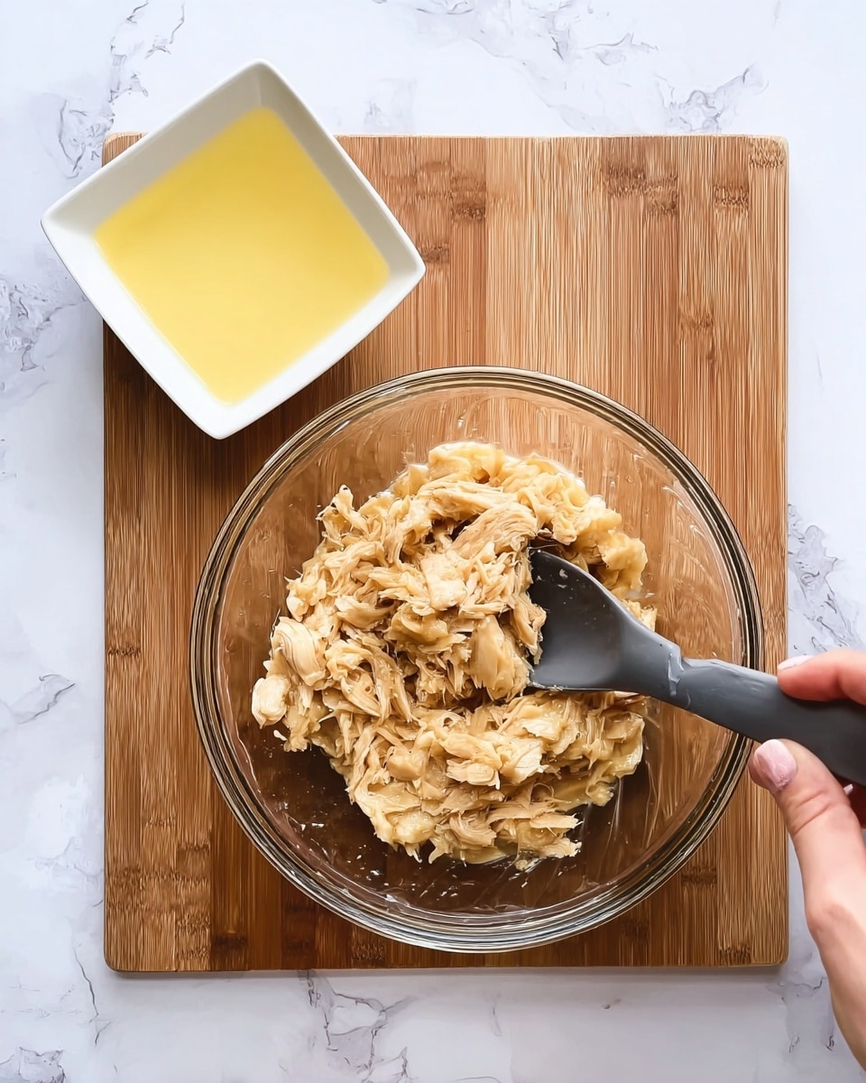 A clear glass bowl is placed on a wooden cutting board on a white marbled surface. Inside the bowl, there is a light beige, soft textured mixture resembling shredded or pulled cooked chicken. A black spoon with a grey handle is resting inside the bowl, partially covered by the mixture. A woman's hand is holding a small white square bowl filled with a pale yellow liquid, positioned to the left above the glass bowl. The overall scene is bright and clean. photo taken with an iphone --ar 4:5 --v 7