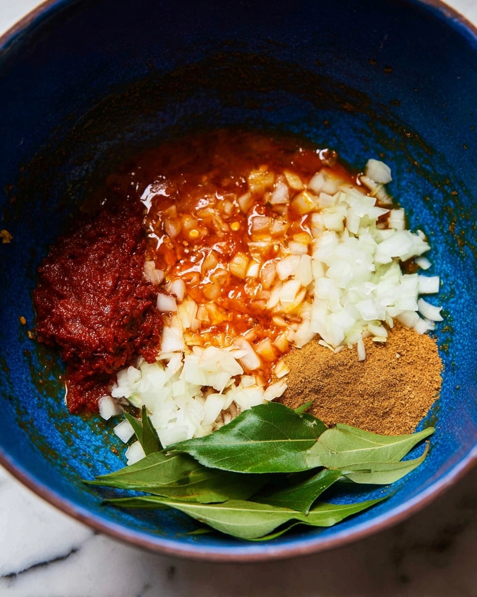 Inside a blue pot with a glossy finish, there are five layers of ingredients on a white marbled surface. At the bottom left, there is a deep red paste with a thick texture. Next to it, in the center, there is a pile of finely chopped white onions with a moist and slightly coarse look. Above the onions, an orange-red sauce with visible chili seeds has a shiny, slightly watery texture. To the right of the sauce, there is a mound of brown powdery spice. Near the bottom right corner, fresh green leaves lie flat with visible veins and a smooth surface. The pot’s inside walls have small splatters of the orange-red sauce. photo taken with an iphone --ar 4:5 --v 7