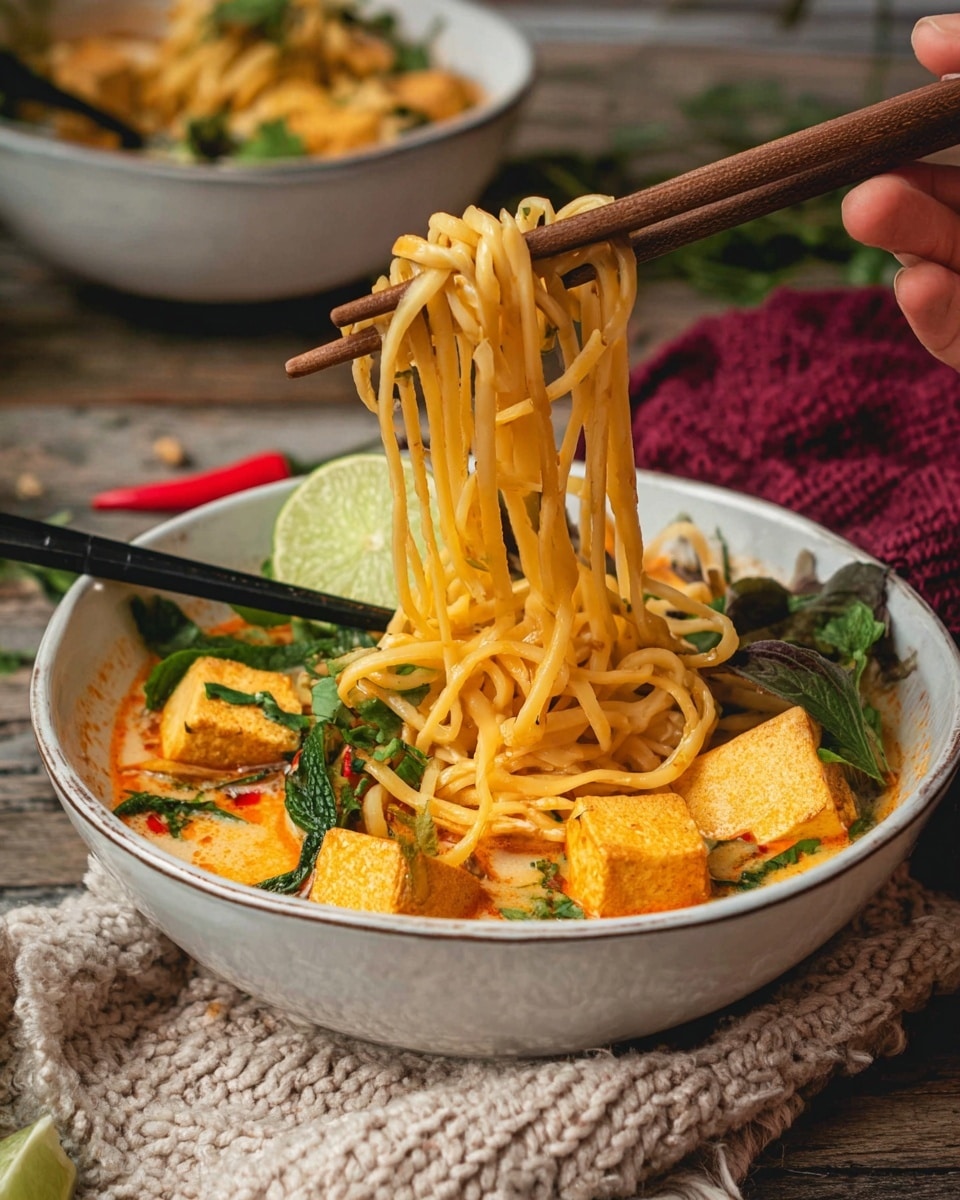 A white bowl filled with yellow noodles lifted by a woman's hand using brown chopsticks. The noodles are thick and shiny with a light red sauce, and mixed with green herbs. The bowl contains light brown tofu cubes, green lime slices, green leaves, and a creamy orange broth. The bowl is set on a rustic wood surface with a beige knit cloth and a small red chili nearby. In the blurred background, there is another white bowl with similar noodles and black chopsticks. Photo taken with an iphone --ar 4:5 --v 7