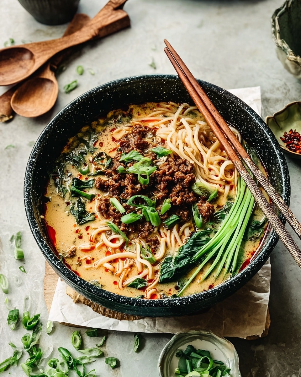 A deep bowl filled with rich, creamy soup colored light tan with streaks of red oil on the surface, layered with light brown noodles arranged both inside and wrapped around wooden chopsticks resting on top; dark brown minced meat sits in small clusters mostly in the center, with bright green leafy vegetables and thin, long green onion strips placed neatly on one side. The bowl is dark with a speckled pattern, set on a few sheets of paper on a white marbled surface, surrounded by scattered green onion pieces and a wooden spoon in the background. Photo taken with an iphone --ar 4:5 --v 7