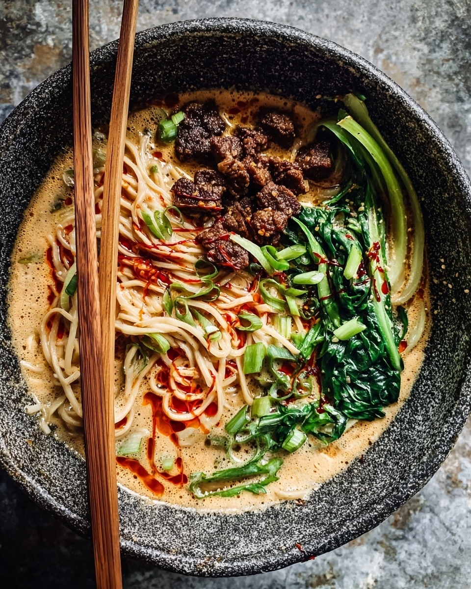 A bowl with three main layers: at the bottom, light brown creamy soup with red chili oil swirls; on top of the soup, medium-thick beige noodles wrapped around two wooden chopsticks resting on the bowl edge; scattered dark brown small cooked meat pieces in the middle; bright green leafy vegetables and thin green onion strips on the right side. The bowl has a speckled dark gray texture and sits on a surface with a rough gray look. photo taken with an iphone --ar 4:5 --v 7