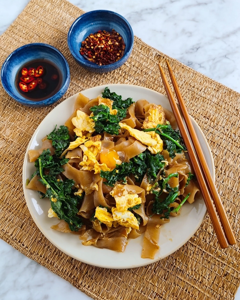 The dish shows a white plate filled with three main layers: flat, wide brown noodles at the bottom, bright green cooked kale scattered through the noodles, and pieces of scrambled yellow and white egg resting on top. A pair of wooden chopsticks lies on the right side of the plate beside the food. Next to the plate, two small blue bowls sit on a light brown woven mat; one bowl contains sliced red chili peppers in liquid, and the other holds red chili flakes. The whole scene is set on a white marbled surface. photo taken with an iphone --ar 4:5 --v 7