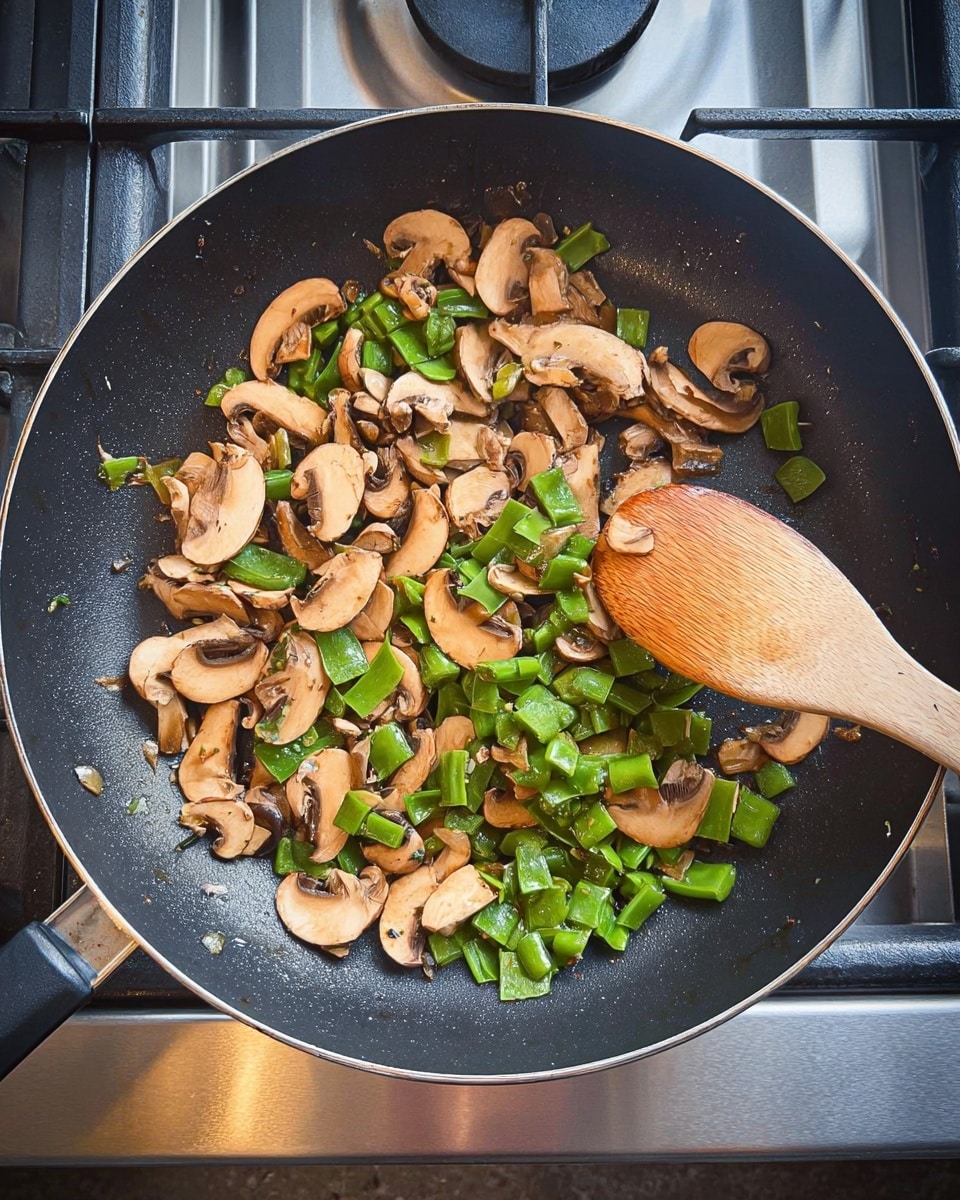 Inside a black frying pan, there is a mix of light brown sliced mushrooms and bright green chopped snap peas. The mushrooms are thin and curved, scattered in the pan mostly on the left side, while the snap peas are cut into small piece squares, spread evenly around the mushrooms. A wooden spoon with a natural brown color rests on the right edge of the pan, with its rounded head touching the mushrooms. The pan is on a silver stove with black burner grates visible around the edges. The background shows part of the shiny stainless steel stove and a dark surface. photo taken with an iphone --ar 4:5 --v 7