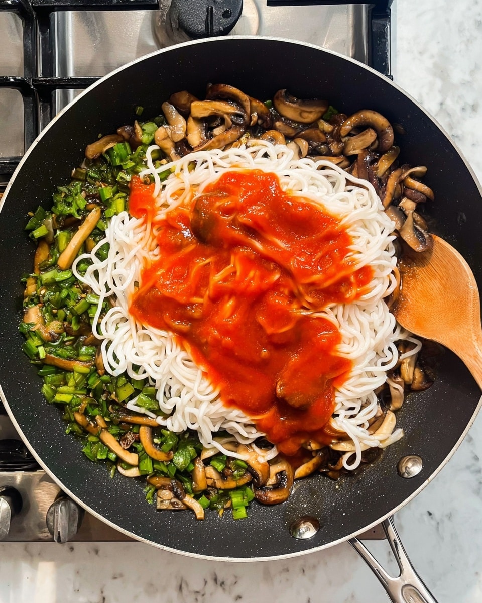 In a black frying pan, there is a layer of green chopped vegetables mixed with sliced brown mushrooms spread on one side. On top of that, a pile of thick white noodles sits in the center, covered by a generous amount of bright red-orange sauce with a glossy texture. The pan rests on a stove with a silver stovetop, and a wooden spoon is placed on the edge of the pan. The background has a white marbled texture. photo taken with an iphone --ar 4:5 --v 7