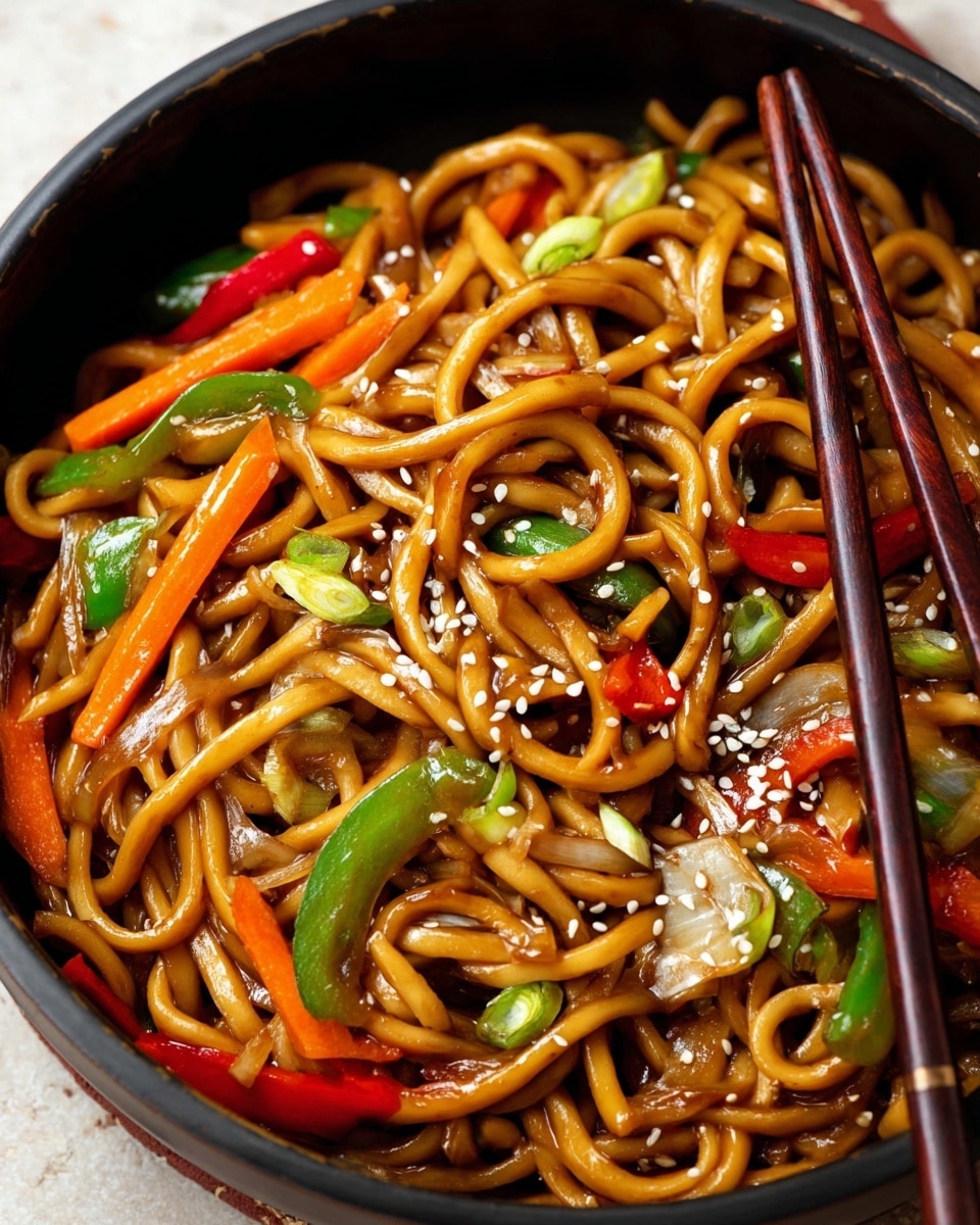 The image shows a close-up of a black bowl filled with stir-fried thick noodles coated in a shiny brown sauce. Mixed inside are bright orange carrot strips, green bell pepper slices, red chili pieces, and small white onion chunks. White sesame seeds are sprinkled on top, adding texture. Dark wooden chopsticks hold some noodles on the right side. The bowl sits on a white marbled surface. Photo taken with an iphone --ar 4:5 --v 7