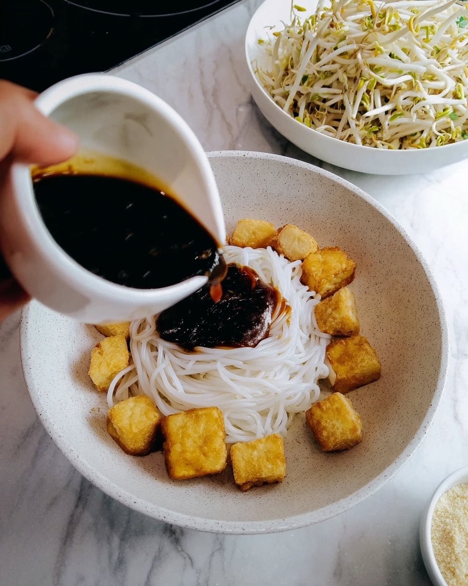 A white speckled bowl holds a small nest of wide, white rice noodles in the center, surrounded by golden-brown fried tofu cubes placed evenly around the edge. A woman's hand holds a small white sauce dish above the bowl, pouring a thick, dark brown sauce with a glossy texture onto the noodles. In the background on a white marbled surface, a white bowl filled with fresh bean sprouts and a small white container with a crushed ingredient are visible. Photo taken with an iphone --ar 4:5 --v 7