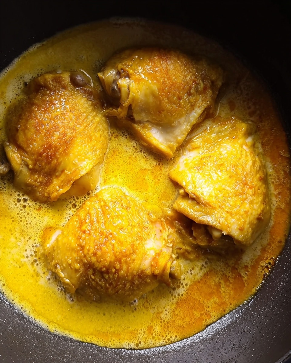 Three chicken pieces are cooked in a thick yellow-orange sauce inside a dark cooking pan. The sauce surrounds the chicken, bubbling gently with different shades of yellow, orange, and a bit of light brown. The chicken skin looks soft and moist, partly covered with the sauce. There are no other ingredients visible, just the chicken and the sauce against the pan's dark surface. Photo taken with an iphone --ar 4:5 --v 7