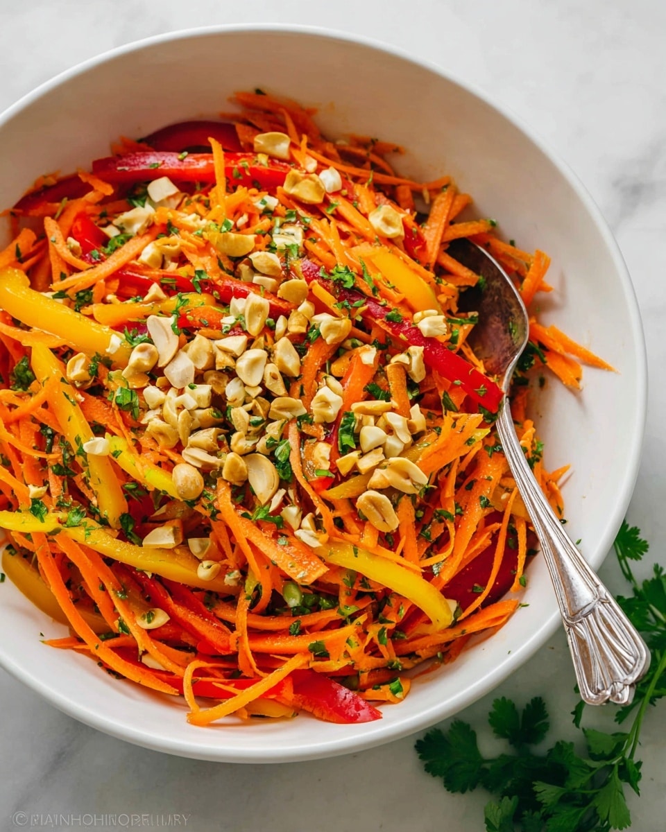 In a white bowl on a white marbled surface, there is a colorful salad made up of bright orange shredded carrots as the main bottom layer mixed with slices of red and yellow bell peppers that add long thin strips of red and yellow layered on top. The salad is sprinkled with small pieces of chopped pale tan nuts scattered evenly across the top. Some small green herbs are mixed in throughout the salad, adding tiny flecks of green. A silver spoon rests on the right side inside the bowl, partly buried in the salad. photo taken with an iphone --ar 4:5 --v 7