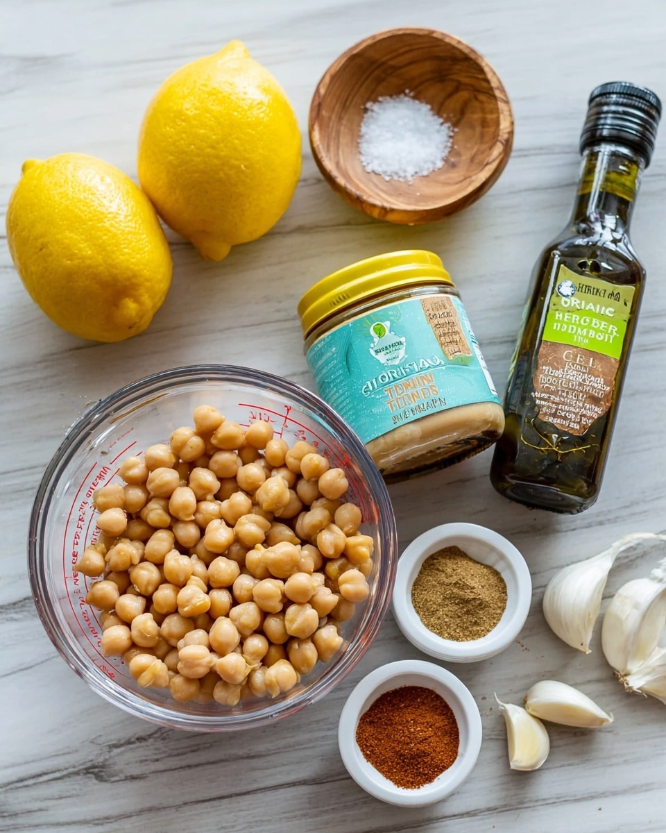 A clear glass measuring cup filled with beige chickpeas sits on a white marbled surface, surrounded by two whole bright yellow lemons on the left. Next to the lemons is a jar of organic tahini with a light blue-green label and a yellow lid, followed by a dark bottle of extra virgin olive oil with green and white labeling. Below the lemons are two peeled garlic cloves. To the right of the measuring cup are two small white containers of spices, one with ground cumin in green-labeled packaging and the other with ground paprika in red-labeled packaging. Above the tahini jar is a small wooden bowl holding a pinch of salt. Photo taken with an iphone --ar 4:5 --v 7