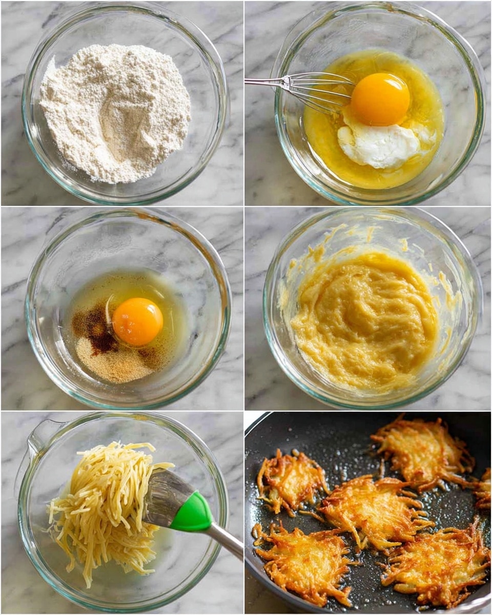 The image shows six steps of making a dish, all in clear glass bowls on a white marbled surface. The first photo shows white flour and spices in a bowl. The second bowl has flour with a raw yellow egg yolk and some egg white on top with a silver fork. The third image shows the flour and egg mixture turned into a smooth yellow batter with visible texture from mixing. The fourth photo shows adding long, thin, pale yellow shredded pieces mixed into the batter, stirred with a green spatula. The fifth image includes a silver scoop lifting some of the shredded mixture from the bowl. The last photo shows golden brown crispy fried fritters cooking in hot oil inside a black pan. Photo taken with an iphone --ar 4:5 --v 7
