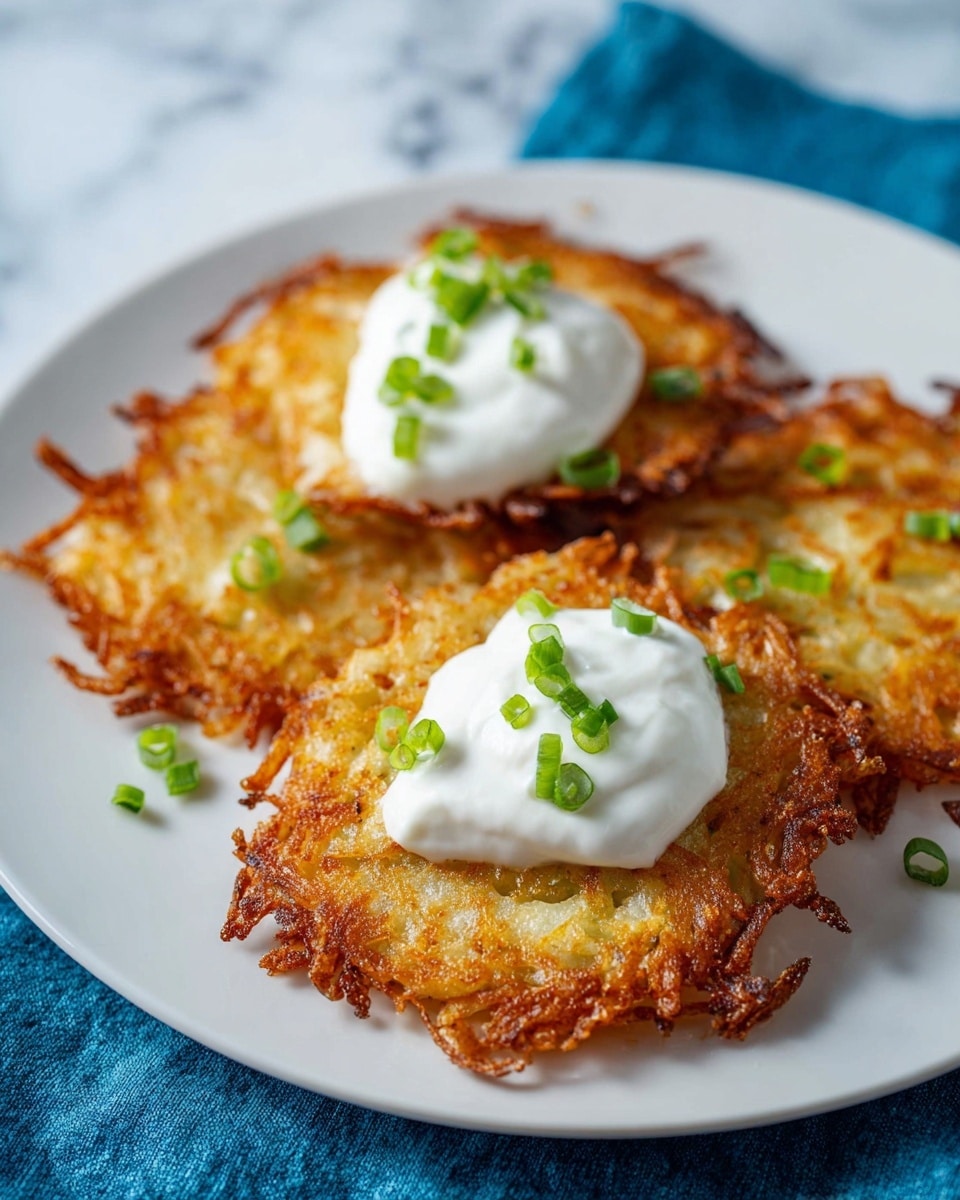 Three crispy golden-brown potato pancakes with a rough texture and slightly irregular edges are arranged on a white plate. Each pancake is topped with a thick, smooth dollop of white sour cream that contrasts with the crunchy surface. Small, bright green chopped scallions are scattered on top of the sour cream, adding a fresh pop of color. The plate sits on a blue cloth with a white marbled surface in the background. Photo taken with an iphone --ar 4:5 --v 7