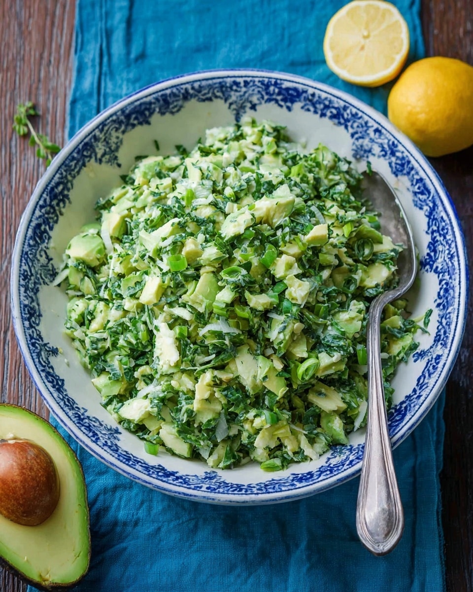A large white bowl with blue decorative edges is filled with a chopped green salad made up of pale green pieces mixed with darker green herbs and small chopped green onions, creating a fresh, textured look. A metal spoon rests on the right side inside the bowl. The bowl sits on a bright blue cloth on a dark wooden surface with a halved avocado showing its brown seed and a halved lemon placed nearby. The setting and colors give a fresh, healthy feeling. photo taken with an iphone --ar 4:5 --v 7
