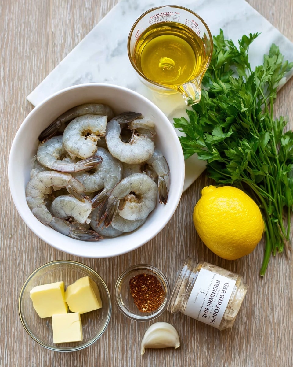 A white bowl filled with raw shrimp that are light gray with darker gray tails is placed on a wooden surface against a white marbled texture background. To the right of the bowl, there is a bunch of fresh green parsley, a whole bright yellow lemon, and a glass measuring cup with a light golden liquid. Below the bowl, there is a small glass dish with two yellow butter pieces, a small glass container with olive oil, three garlic cloves, and a small jar labeled
