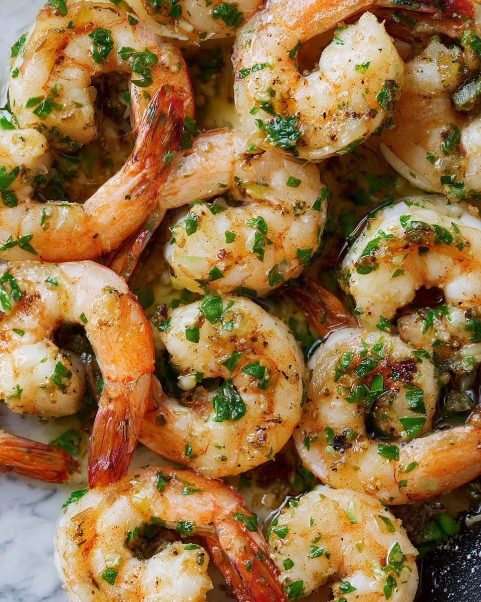 The image shows a close-up of cooked shrimp with their tails on, spread out closely together. The shrimp are light pink and white with some brown roasty spots, covered with small green chopped herbs and bits of garlic. The shrimp look shiny with a thin layer of oil or sauce underneath them, making them glisten. The background is a white marbled texture. Photo taken with an iphone --ar 4:5 --v 7