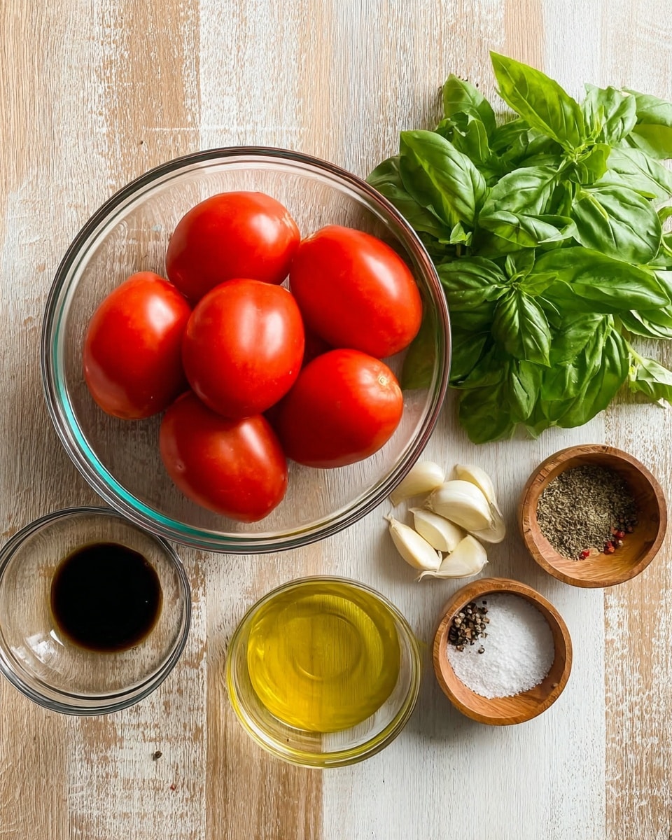 A clear glass bowl holds seven bright red Roma tomatoes with smooth skin. Next to the bowl, there is a bunch of fresh green basil leaves spread out on a white marbled surface. To the right of the basil, there are four whole garlic cloves placed side by side. Above the garlic are two small glass bowls, one filled with a golden yellow olive oil and the other with a dark balsamic vinegar. Near the top right corner, a small white bowl contains a small amount of black pepper, and below it, a small wooden bowl has a pinch of white salt. The whole scene is set on a wooden textured surface changed to a white marbled texture photo taken with an iphone --ar 4:5 --v 7