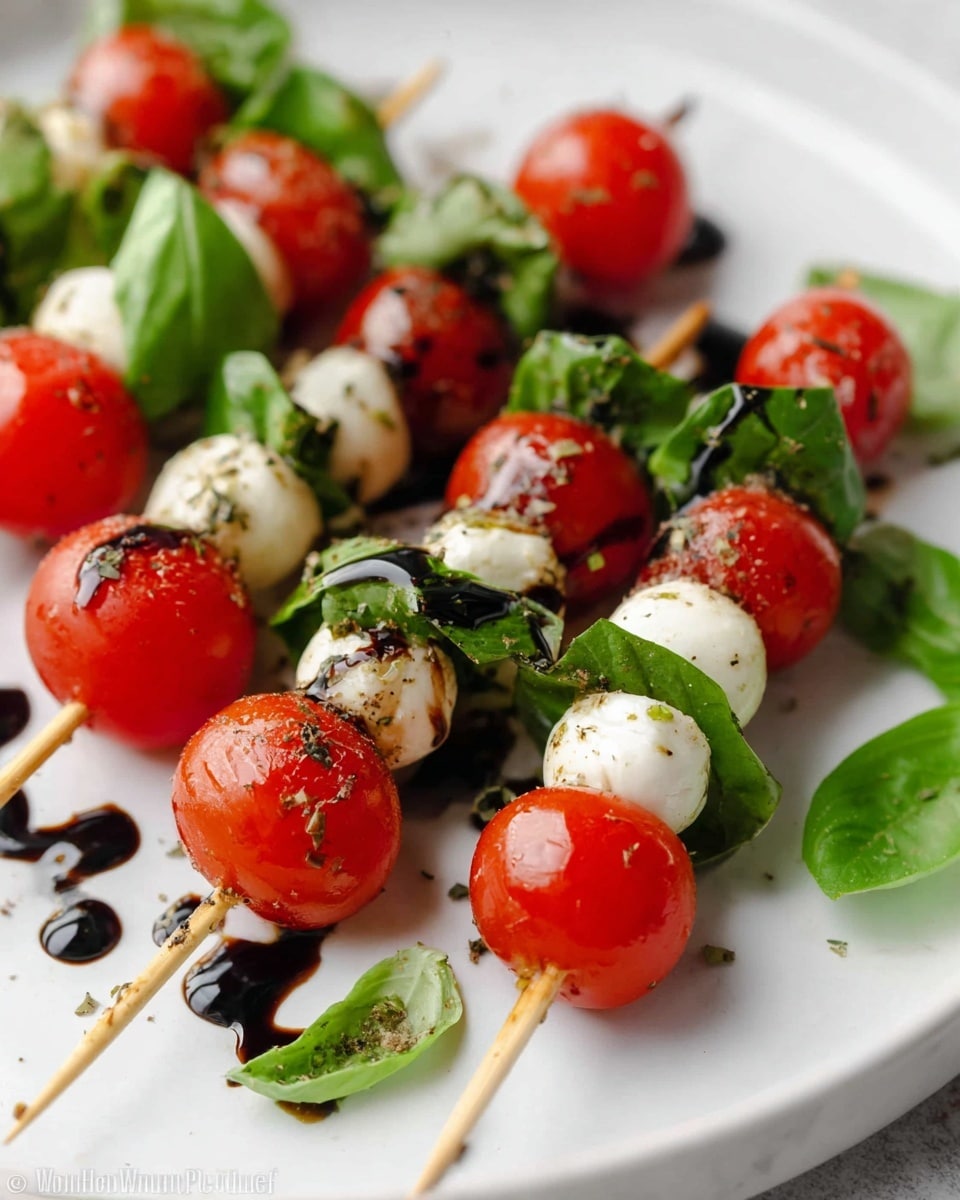 The image shows several small skewers on a white plate with a white marbled surface, each skewer layered with three main parts: a bright red cherry tomato at the top, a folded dark green fresh basil leaf in the middle, and a small white mozzarella ball near the bottom. The skewers are drizzled with a dark balsamic glaze and have some visible black pepper sprinkled on them, giving a glossy, fresh, and colorful look with the contrast of red, green, and white. Some basil leaves are also scattered loosely around the plate for decoration. photo taken with an iphone --ar 4:5 --v 7