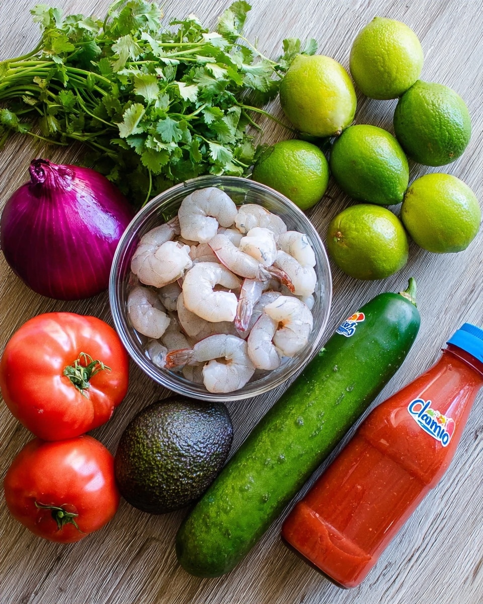 A clear glass bowl filled with raw shrimp sits among several fresh ingredients on a wooden surface, each item distinct in color and texture. To the left of the bowl are a bunch of bright green cilantro leaves, a purple onion, and two dark green avocados. Below the bowl is a long, green cucumber, and to the right of the cucumber are two red tomatoes and a shiny green jalapeño pepper. Near the top, a group of seven bright green limes clusters together. On the far right, a bright red bottle of Clamato juice with a blue cap adds a pop of color to the arrangement. The entire scene rests on a white marbled texture. photo taken with an iphone --ar 4:5 --v 7