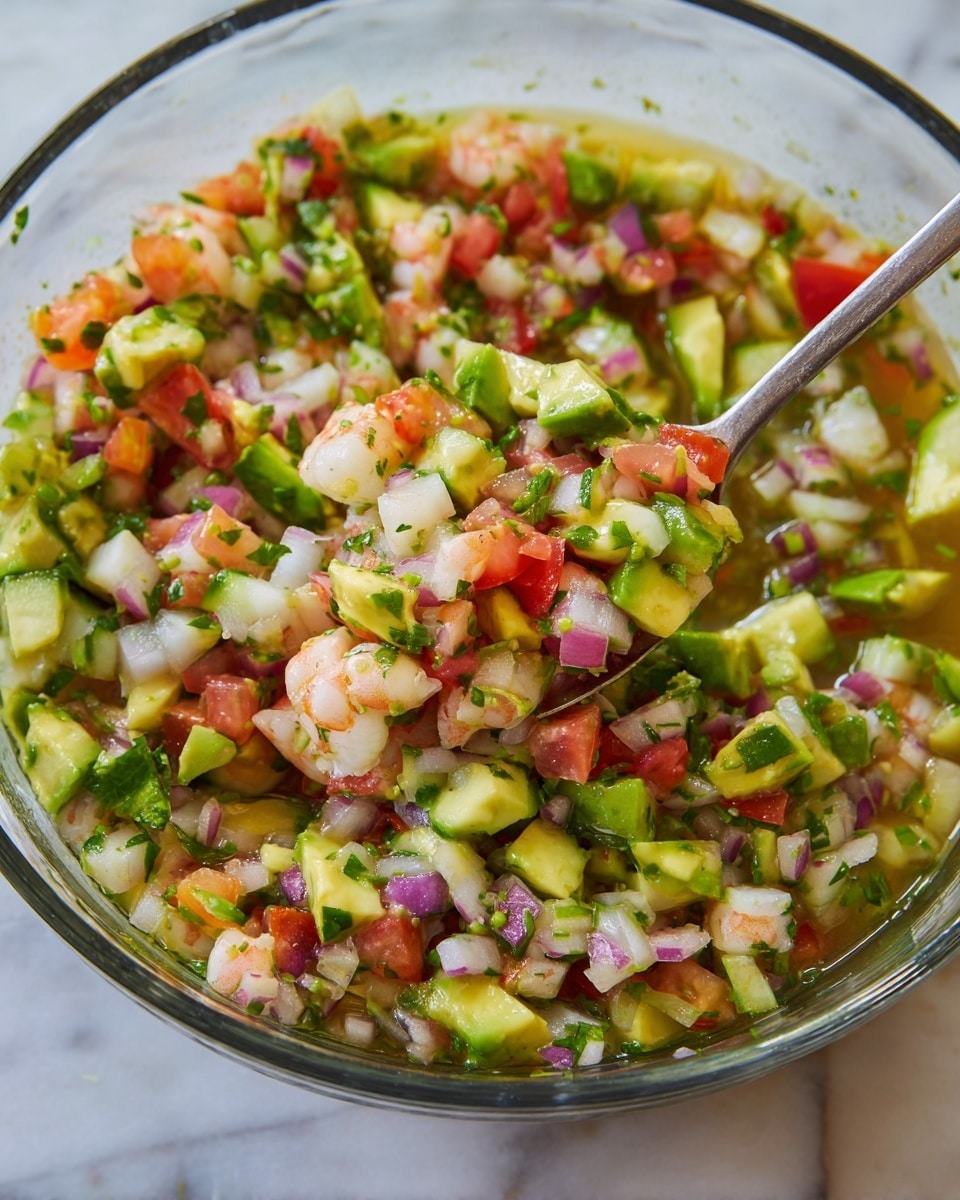 A clear glass bowl filled with a fresh mixed salad containing many small, diced pieces. The salad has bright green avocado chunks, pale pink small shrimp, red tomato cubes, white and purple onion bits, light green cucumber pieces, and green herbs sprinkled throughout. The ingredients are mixed in some light, yellowish liquid, creating a juicy texture. A spoon is partially visible inside the bowl. The bowl sits on a white marbled surface. Photo taken with an iphone --ar 4:5 --v 7