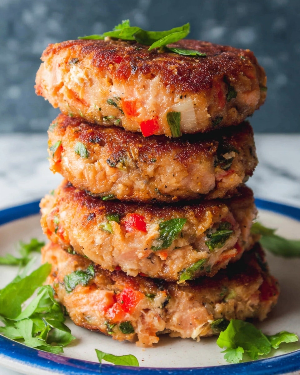 A stack of four thick, round salmon patties sits on a white plate with a blue rim, each patty showing a mix of light pink and orange salmon pieces with small green herb bits and red chunks of pepper visible throughout. The patties have a slightly crispy, browned exterior with a textured surface, and fresh green herb leaves garnish the top and the side of the plate. The background is a white marbled texture, and the lighting highlights the moist, flaky texture of the salmon inside. photo taken with an iphone --ar 4:5 --v 7