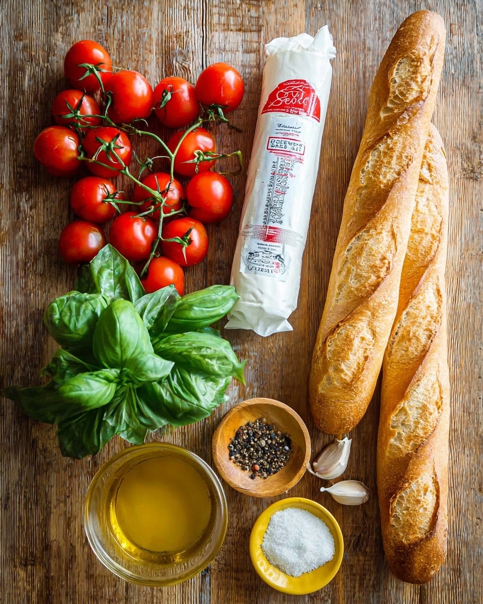 A wooden textured surface showing fresh ingredients arranged neatly: on the left, a bunch of bright red cherry tomatoes still on the green vine; next to it, a white wrapped tube of fresh goat cheese with red and black writing; two long, crusty golden brown baguettes placed on the right side. In the center, fresh green basil leaves arranged in a small bunch. At the bottom, a small clear glass bowl filled with golden olive oil, a tiny wooden bowl with white salt, a yellow dish with black pepper, and a single clove of garlic near them. Photo taken with an iphone --ar 4:5 --v 7