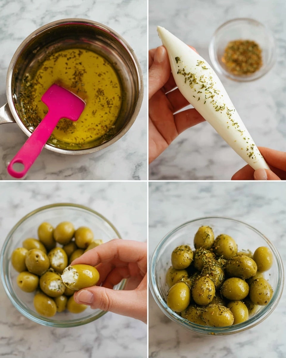 The image shows a step-by-step process of making stuffed green olives. The first part shows a silver pot with golden oil mixed with herbs and spices, stirred by a pink spatula. The second part shows a woman's hand holding a white piping bag filled with creamy white cheese with green herbs. The third part shows a woman's hand holding a green olive filled with the white cheese from the piping bag, with more olives in a clear bowl below. The last part shows the clear bowl full of green olives stuffed with cheese, sprinkled with herbs and spices. The setup is on a white marbled surface. photo taken with an iphone --ar 4:5 --v 7