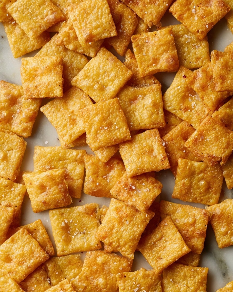 The image shows many small, square-shaped snacks scattered closely together on a white marbled surface. Each square is golden-yellow in color with a slightly rough texture, showing some tiny bumps and edges that look crispy. The snacks have a light sprinkle of coarse salt on top, giving them a bit of shine and added texture. They look evenly baked with some areas darker than others, making them appear crunchy and savory. photo taken with an iphone --ar 4:5 --v 7