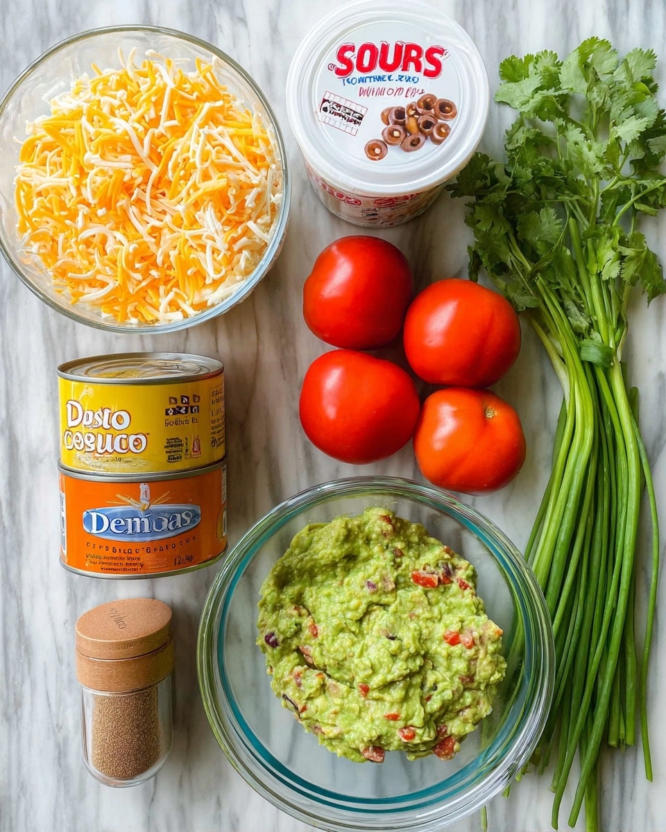 A clear glass bowl on a white marbled surface holds a chunky green guacamole with visible red bits mixed in, placed at the bottom right. To its left, there are two cans stacked slightly angled: a bright yellow-orange can of sliced black olives and a larger orange can of refried pinto beans. Above the cans is a white container of sour cream with red and blue lettering. Next to it are four ripe red tomatoes arranged in a small group. On the far right, fresh green onions lay diagonally with some bright green cilantro leaves below them. At the top left of the scene, a glass measuring cup filled with shredded yellow and white cheese sits. At the bottom left corner, a small jar of seasoning with a wooden lid is placed. The whole setup is neatly arranged on a white marbled background. Photo taken with an iphone --ar 4:5 --v 7
