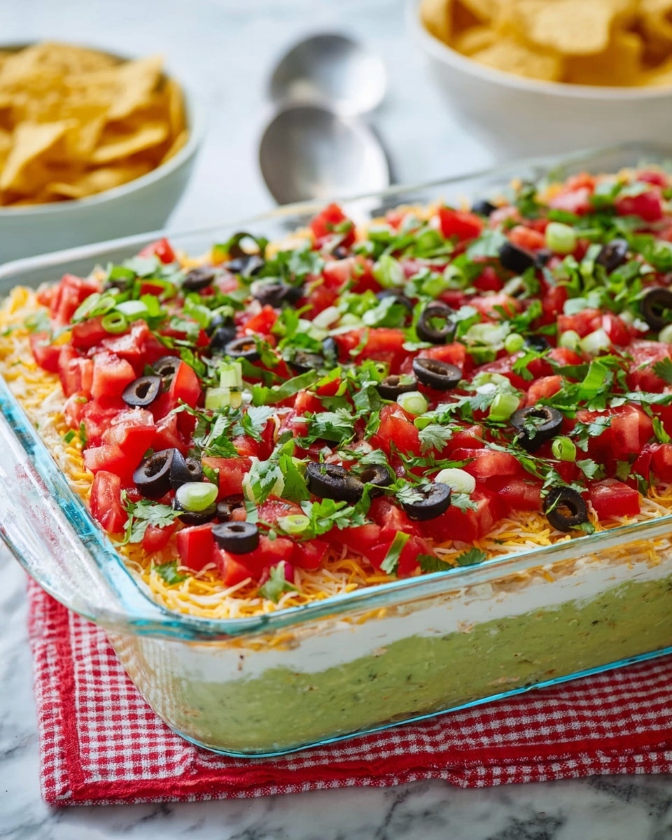 A clear glass rectangular dish holds a layered dip with several visible layers. The bottom layer is light green, creamy and smooth, likely guacamole. Above it is a pale white layer, possibly sour cream. Next is a layer of shredded yellow and white cheese with a slightly rough texture. The top layer is colorful and fresh, covered with bright red diced tomatoes, dark sliced black olives, finely chopped green onions, and fresh green cilantro leaves giving a fresh and vibrant look. The dish is set on a white marbled surface with a red and white checkered cloth under one corner, next to a large silver spoon and a white bowl of yellow tortilla chips in the background. photo taken with an iphone --ar 4:5 --v 7