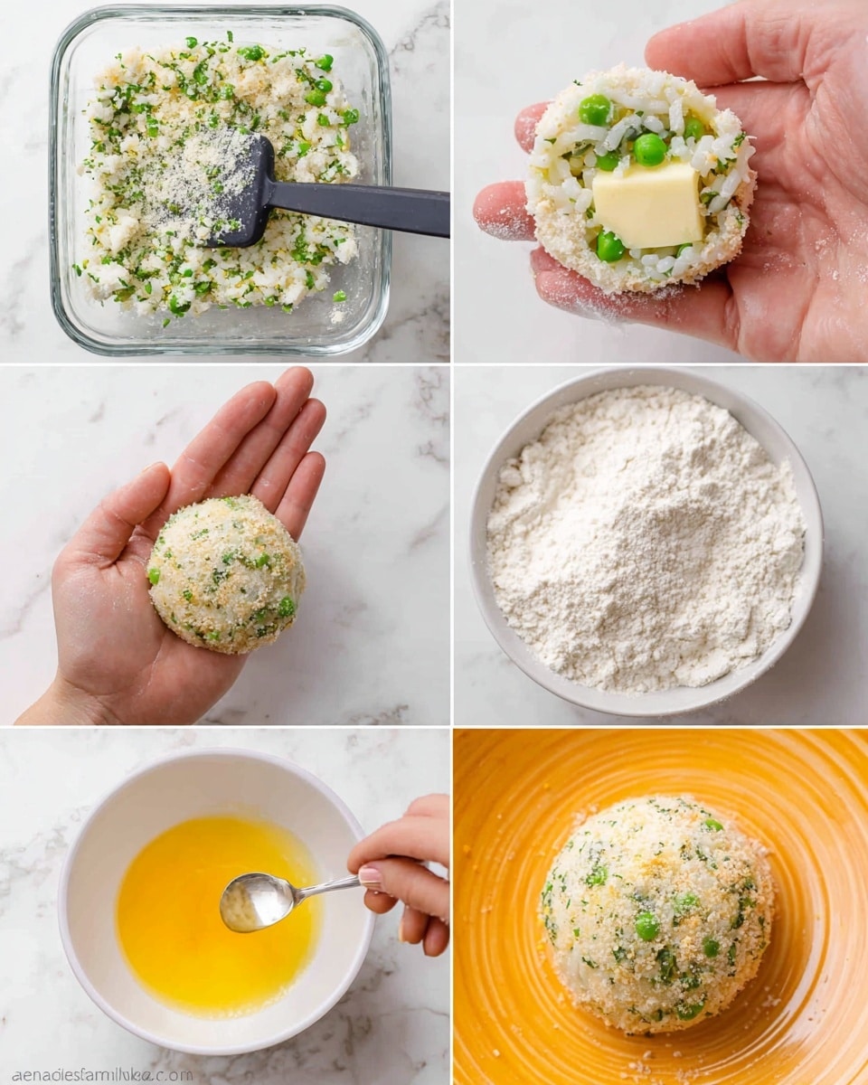 The image shows six steps of making a rice ball dish arranged in a collage on a white marbled surface. The first step, top left, shows a clear glass dish filled with a mixture of white rice, green peas, finely chopped green herbs, and grated white cheese, with a black spatula resting inside. The second step, top right, displays a woman's hand holding a round ball of the rice mixture, with a visible cube of pale yellow butter inside and green peas embedded in the rice. The third step, middle left, shows the woman's hand holding a compacted smooth ball of rice with peas and herbs evenly mixed in, without the butter visible. The fourth step, middle right, is a close-up of a white bowl with white flour, containing a rice ball coated in the flour in its center. The fifth step, bottom left, has a white bowl filled with beaten orange-yellow egg, with a spoon holding a rice ball being dipped into the egg. The last step, bottom right, shows an orange plate with a rice ball coated in fine beige breadcrumbs placed in the middle on the white marbled surface in the background. Photo taken with an iphone --ar 4:5 --v 7