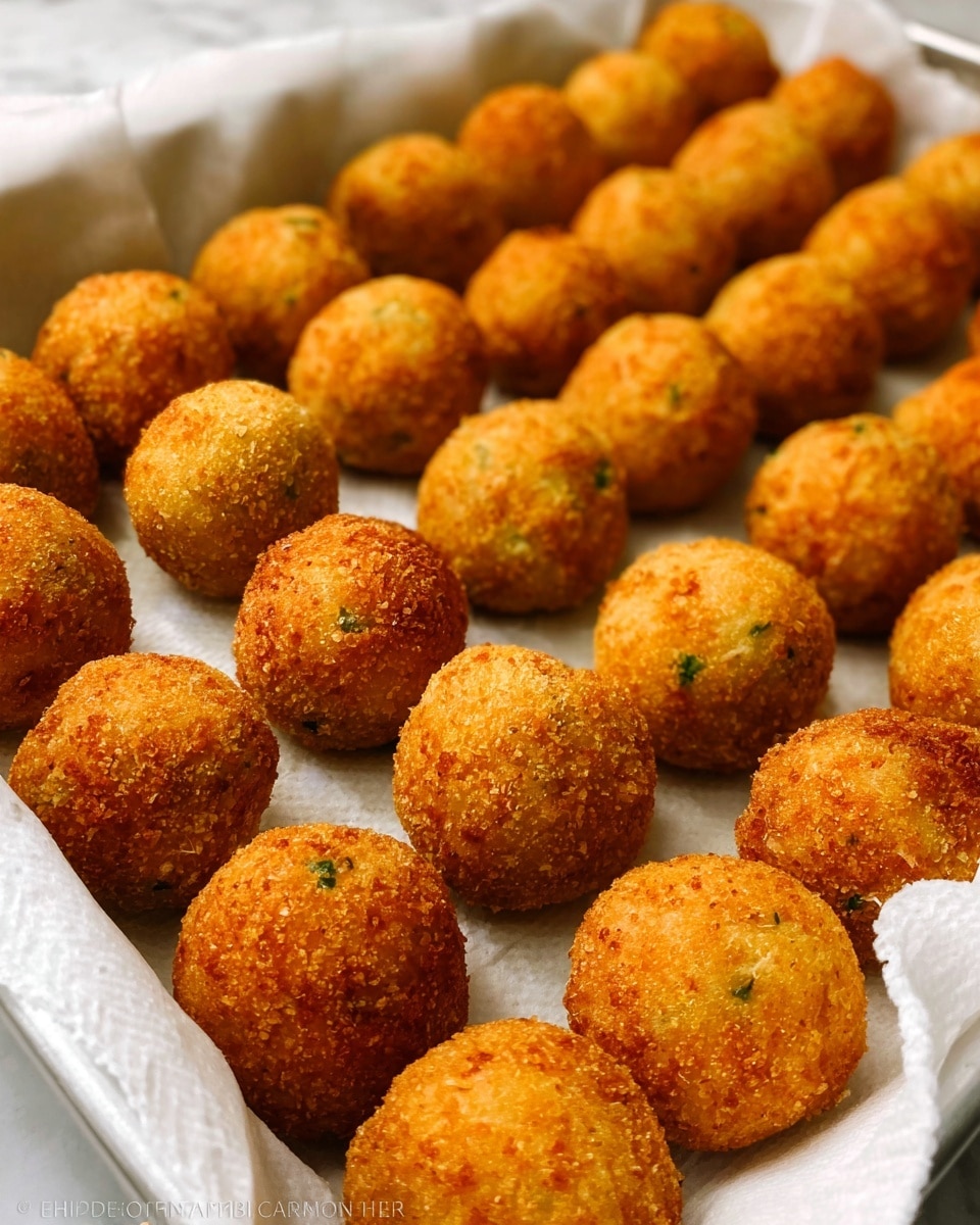 A tray lined with white paper holds many golden brown, round balls with a crispy, crumbly surface. They are evenly spaced and some show small green flecks inside their textured golden exterior. The tray sits on a white marbled surface, and the overall look is warm and inviting. photo taken with an iphone --ar 4:5 --v 7