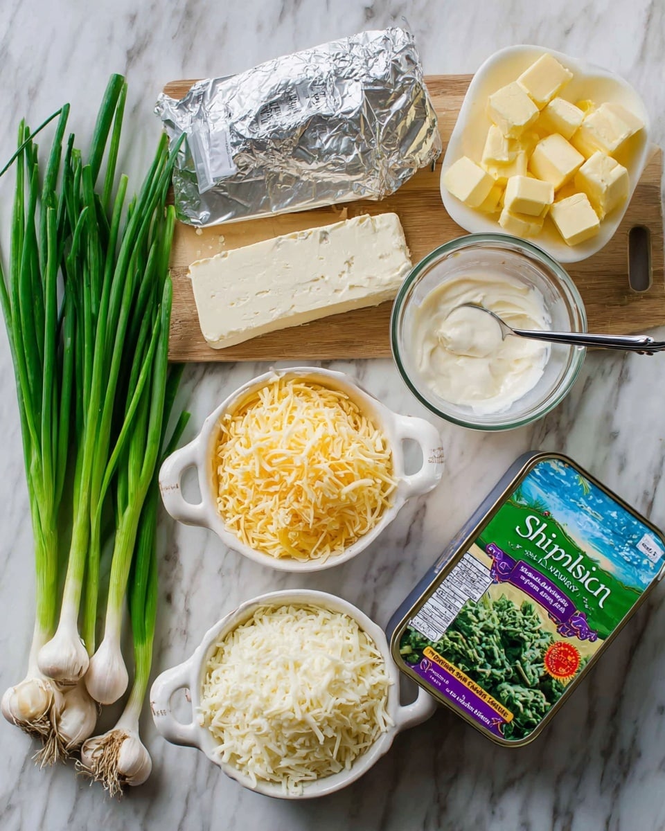 A group of ingredients is placed on a white marbled surface, including three cloves of garlic and a bunch of green onions on the bottom left. Near the center, two white measuring cups hold shredded cheese, one darker yellow and one pale white, next to a block of cream cheese wrapped in foil. Above them, a small white bowl contains several slices of yellow butter. To the right, a glass cup with light creamy sour cream and a spoon inside sits next to a green and purple box of frozen chopped spinach. On the far right, a tin can of quartered artichoke hearts with a colorful label completes the arrangement. Photo taken with an iphone --ar 4:5 --v 7
