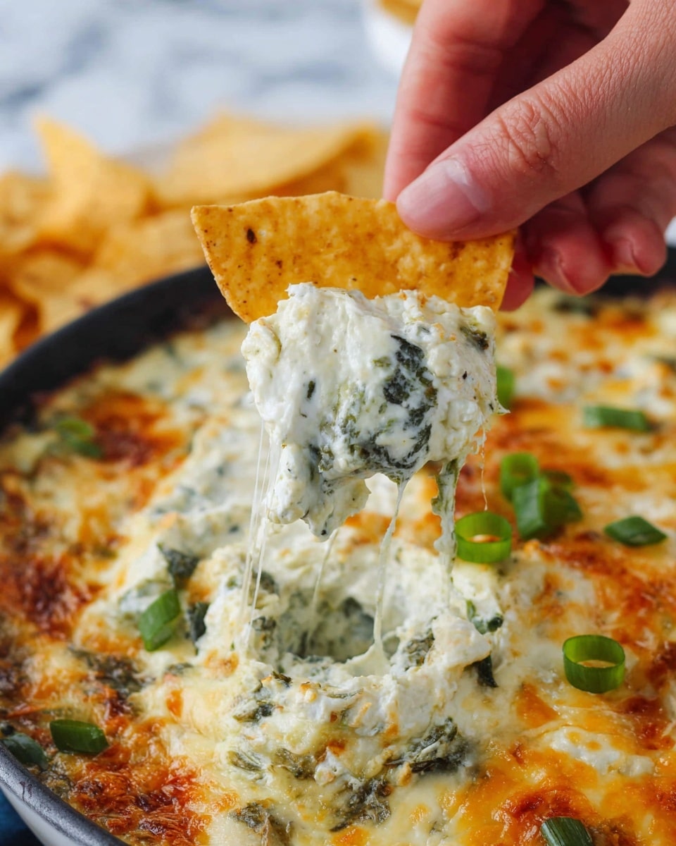 A close-up of a woman's hand holding a golden brown triangular chip dipped into a creamy white spinach and cheese dip. The dip has a thick texture with visible small green spinach pieces and melted cheese stretches slightly from the chip to the white plate below. The dip in the plate shows bubbly, lightly browned melted cheese on the surface with scattered green onions for garnish. The background has a white marbled texture. Photo taken with an iphone --ar 4:5 --v 7
