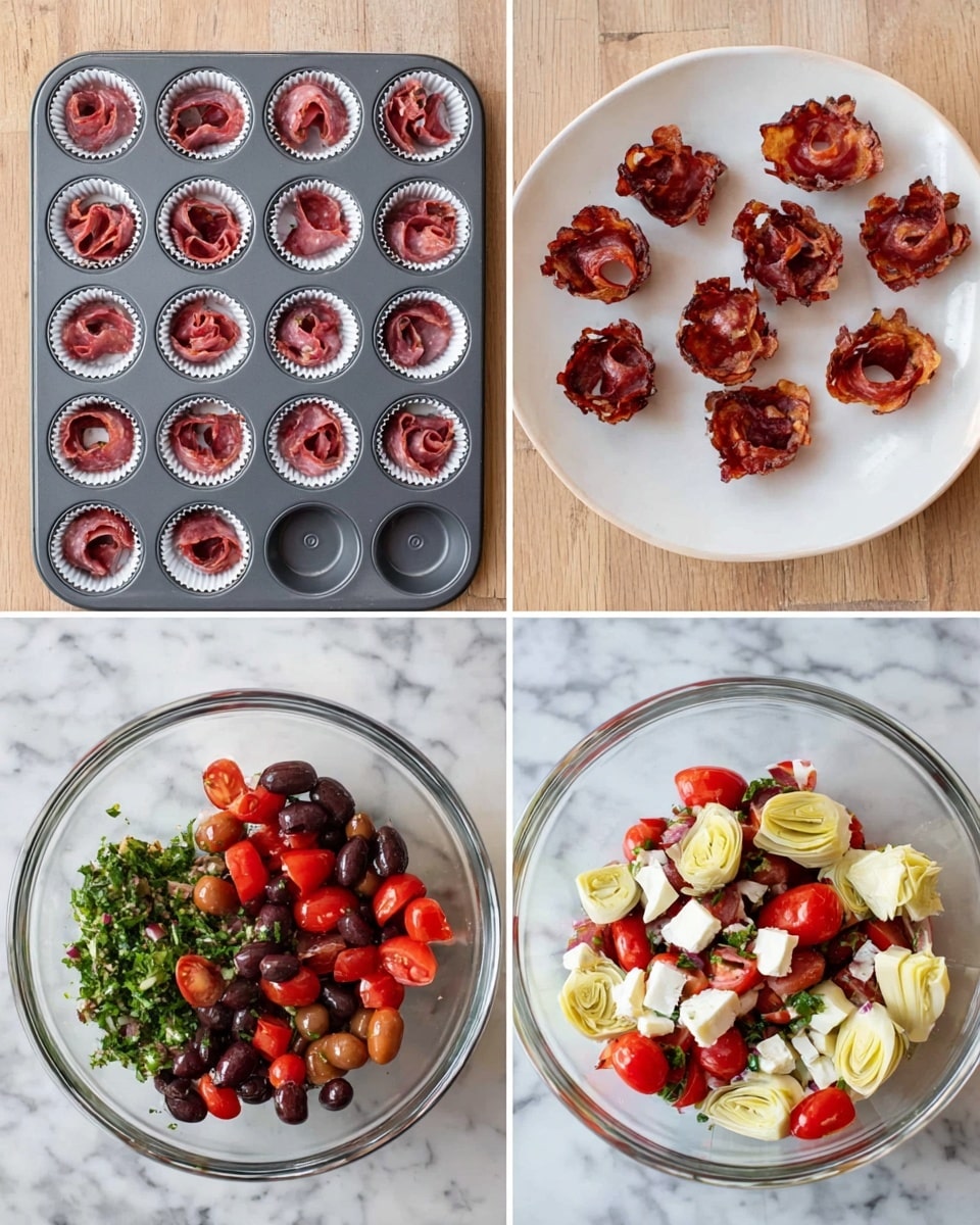 The image shows a collage of four photos depicting a cooking process. The first photo has a muffin tray filled with thin slices of dark pink cured meat shaped like small cups inside each white cupcake slot, placed on a white marbled surface. The second photo shows a white plate holding 14 crispy, darker brown-red meat cups with curled edges, set on a white marbled surface. The third photo features a clear glass bowl containing chopped ingredients including dark brown olives, bright red cherry tomatoes, green fresh herbs, white cheese chunks, and pale yellow artichoke hearts against a white marbled surface. The fourth photo displays the same clear glass bowl now filled with a mixed salad of the same ingredients, appearing glossy and well combined with a silver fork inside, against a white marbled surface. Photo taken with an iphone --ar 4:5 --v 7