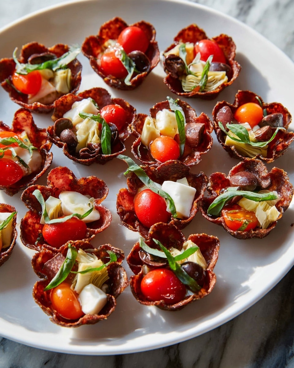 The image shows a white plate with nine small cups made from crispy brown slices of meat, each shaped like a flower with ruffled edges. Inside each meat cup, there are layers of colorful ingredients: bright red cherry tomato halves, small white pieces of soft cheese, pale yellow artichoke hearts, dark brown olive slices, and thin green basil strips scattered on top. The plate sits on a white marbled surface, and all the cups are arranged closely together. The lighting highlights the glossy texture of the tomatoes and the shiny meat cups. photo taken with an iphone --ar 4:5 --v 7