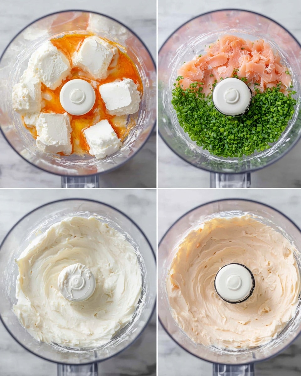 The image shows four stages of mixing cream cheese dip in a clear food processor bowl, placed on a white marbled surface. The first stage shows large blocks of white cream cheese with a splash of orange sauce on top. The second stage shows the cheese blended into a smooth, creamy white layer covering the bottom and sides of the bowl. The third stage adds a layer of small, finely chopped pieces of pink smoked salmon and a separate section of bright green chopped chives, both placed on top of the creamy white base around the center blade. The final stage shows everything mixed into a mostly even, light peach-colored creamy dip with some green bits and a smooth texture inside the food processor bowl. Photo taken with an iphone --ar 4:5 --v 7