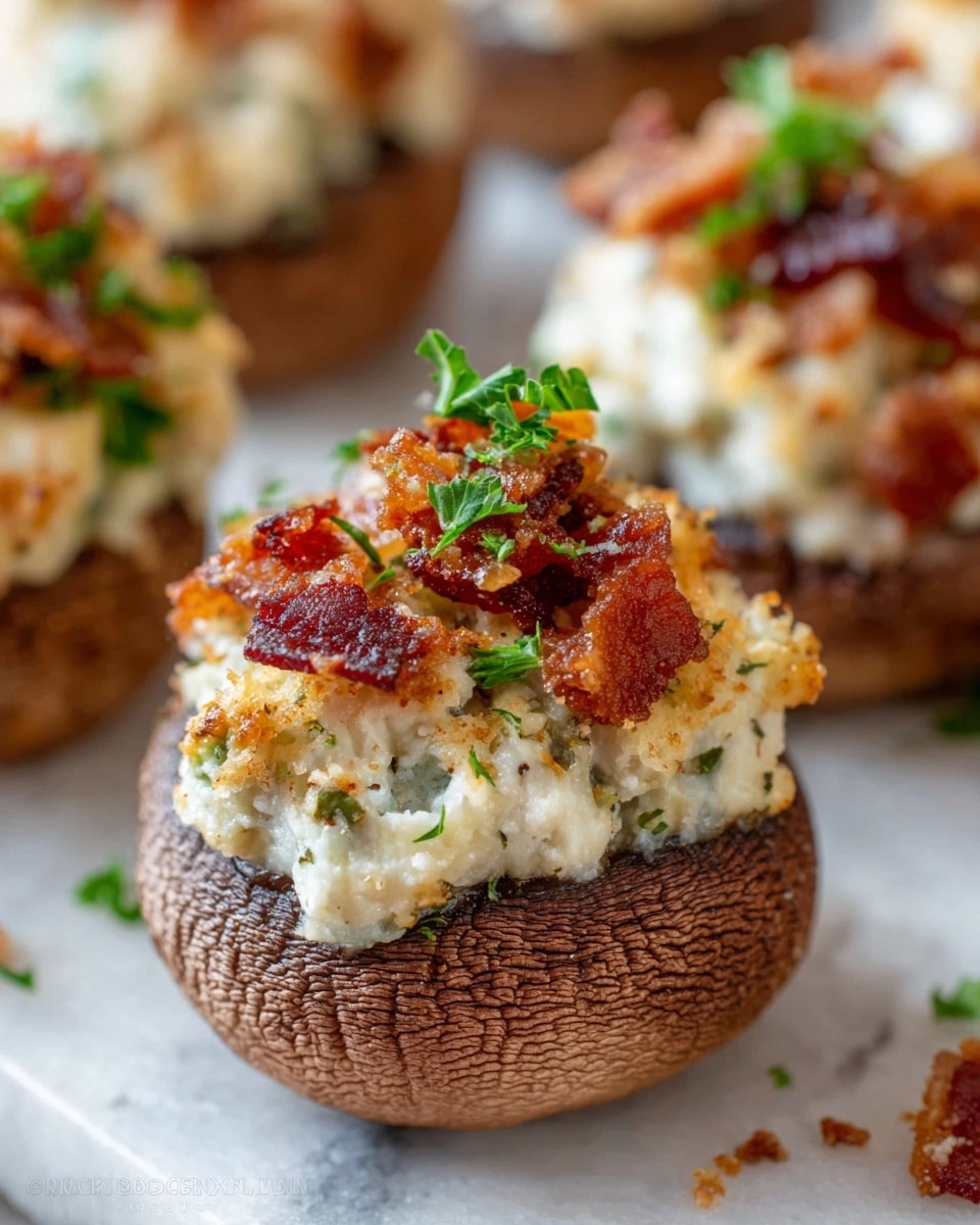A close-up image of a stuffed mushroom shows one large brown mushroom cap as the base layer, its surface textured with natural lines and cracks. The second layer is creamy white cheese mixed with small green herb pieces, filling the mushroom cap. On top, there are crispy, golden-brown bacon bits scattered, adding a crunchy look, along with small green parsley leaves sprinkled over it. The mushroom is placed on a white marbled surface with slight blurred parts of similar mushrooms in the background. The lighting highlights the softness of the cheese and the crispiness of the bacon. photo taken with an iphone --ar 4:5 --v 7