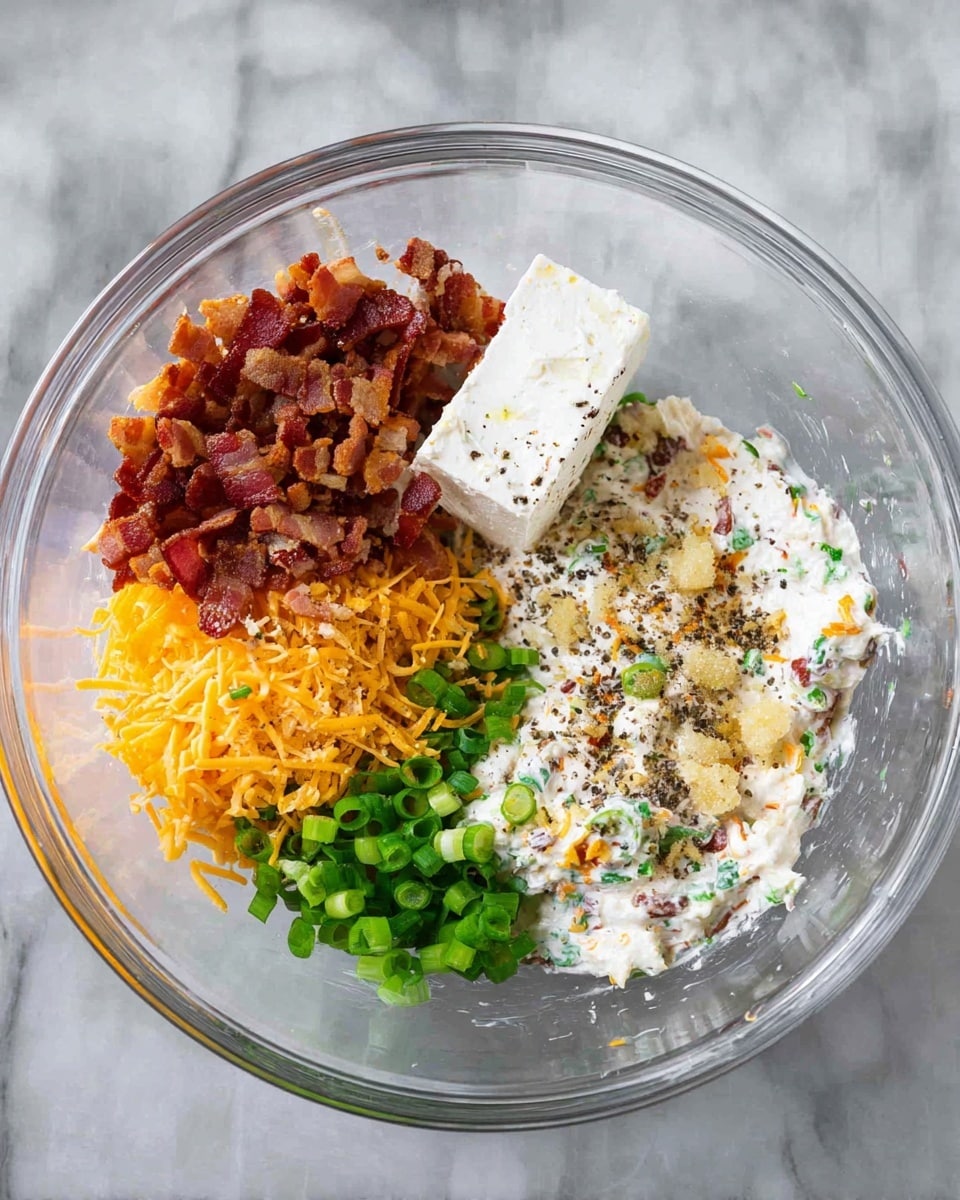 In a clear glass bowl placed on a white marbled surface, there are five visible layers arranged separately: crispy cooked bacon pieces in reddish-brown color at the top left, shredded orange cheddar cheese to the right of the bacon, bright green chopped scallions below the cheese, a white cream cheese block with black pepper sprinkled on top to the left of the scallions, and a few garlic pieces scattered near the cheddar and bacon. In the next image, all these ingredients are mixed together into a creamy, speckled white spread with visible flecks of green, orange, and reddish-brown. Photo taken with an iphone --ar 4:5 --v 7