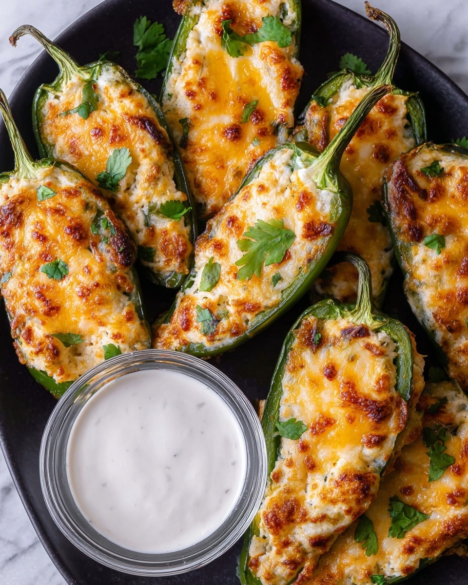 The image shows a black plate filled with several jalapeño halves that are stuffed and baked with a creamy cheese mixture topped with a golden melted cheddar layer that is slightly browned in spots. The jalapeño shells are bright green and shiny, and the cheese filling is textured with small brown crisp spots and flecks of herbs. Fresh green cilantro leaves are sprinkled on top. A small glass bowl of white creamy dipping sauce sits on the plate among the jalapeños. The setup is on a white marbled surface. photo taken with an iphone --ar 4:5 --v 7