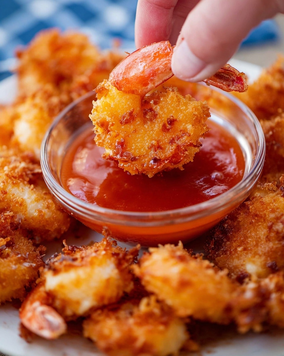 A close-up image shows a woman's hand dipping a golden, crispy fried shrimp into a small glass bowl filled with bright red, slightly thick dipping sauce. The shrimp has a crunchy, textured coating with visible brown fried bits. The glass bowl sits in the middle of a white plate filled with similar fried shrimp around the edge, all resting on a white marbled textured surface. The image has a warm, inviting feel with clear focus on the shrimp being dipped. photo taken with an iphone --ar 4:5 --v 7