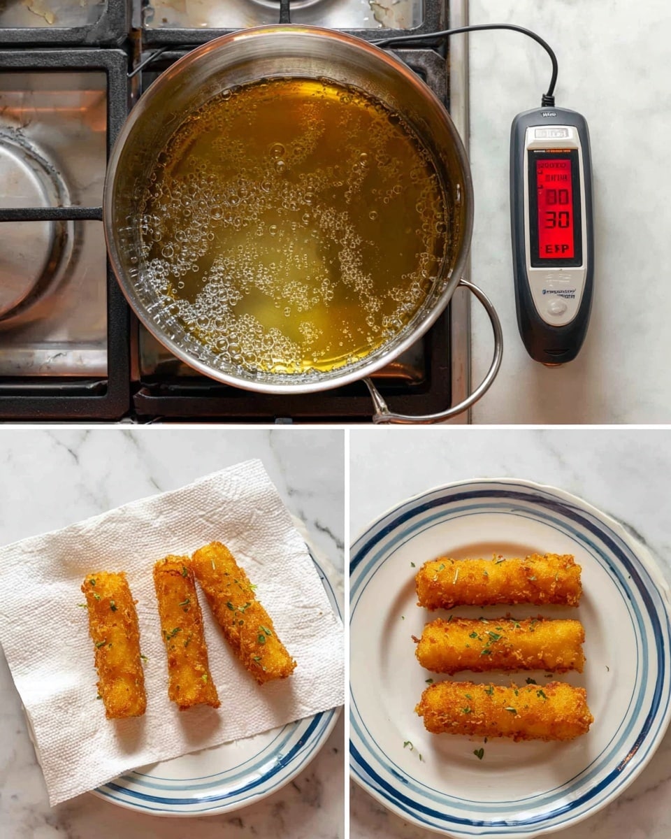 The images show a cooking process in three parts. The first part is a shiny silver pot filled with clear cooking oil on a gas stove, with a red digital thermometer showing 350°F attached to the pot, all on a white marbled surface. The second part shows four golden-brown sticks frying underwater in the bubbling oil inside the same pot. The last part displays four crispy golden sticks with specks of green herbs, resting on a white paper towel placed on a white plate with blue rim, all set on a white marbled surface. photo taken with an iphone --ar 4:5 --v 7
